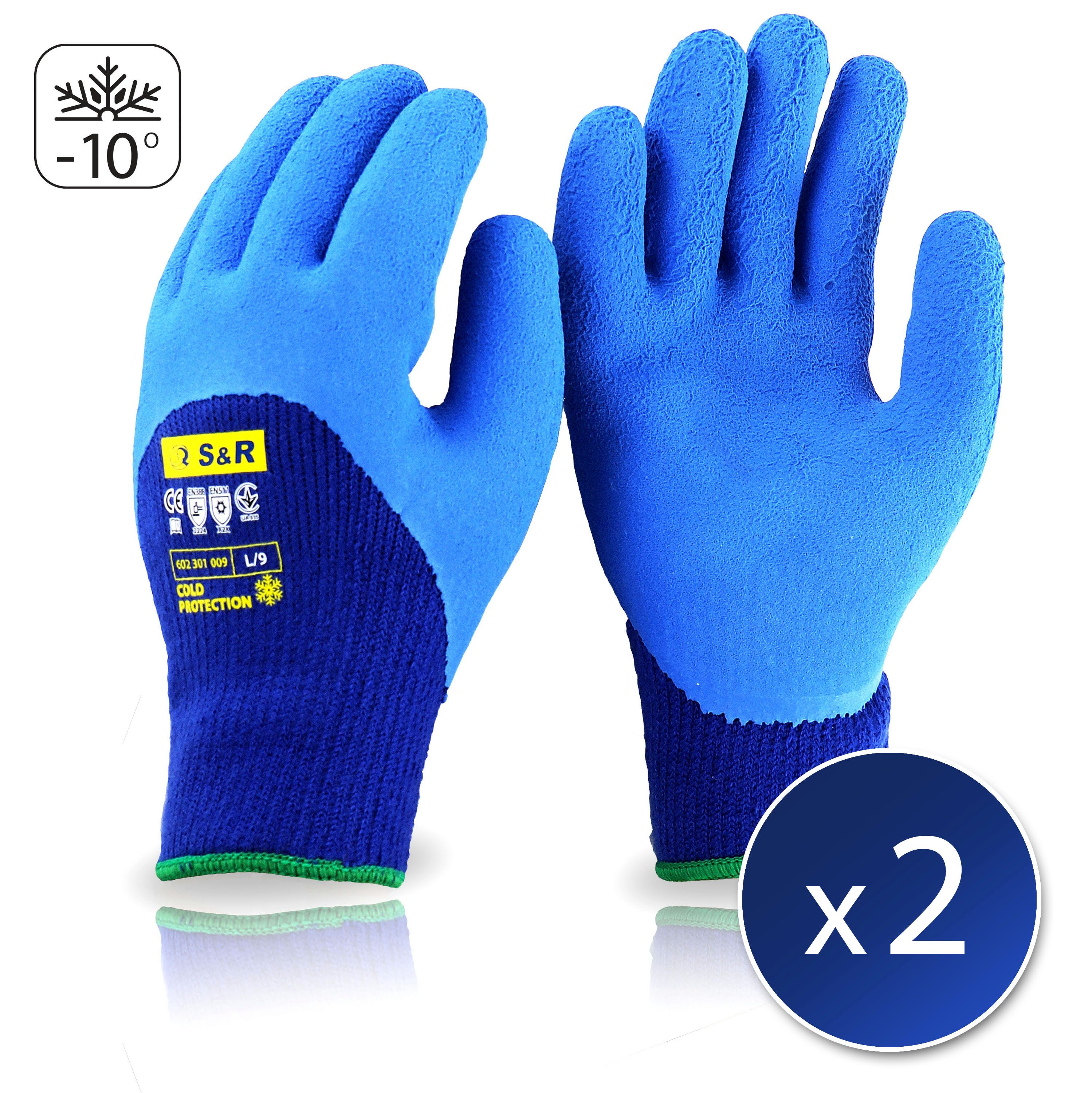 S&R Arbeitshandschuhe PROFI Wärme-Arbeitshandschuhe, 3/4 Anti-Rutsch Latexbeschichtung (Set, 4-St., 2 Paar L / 9) gefütterte Thermo-Schutzhandschuhe für Industrie, Lagerwesen, KFZ