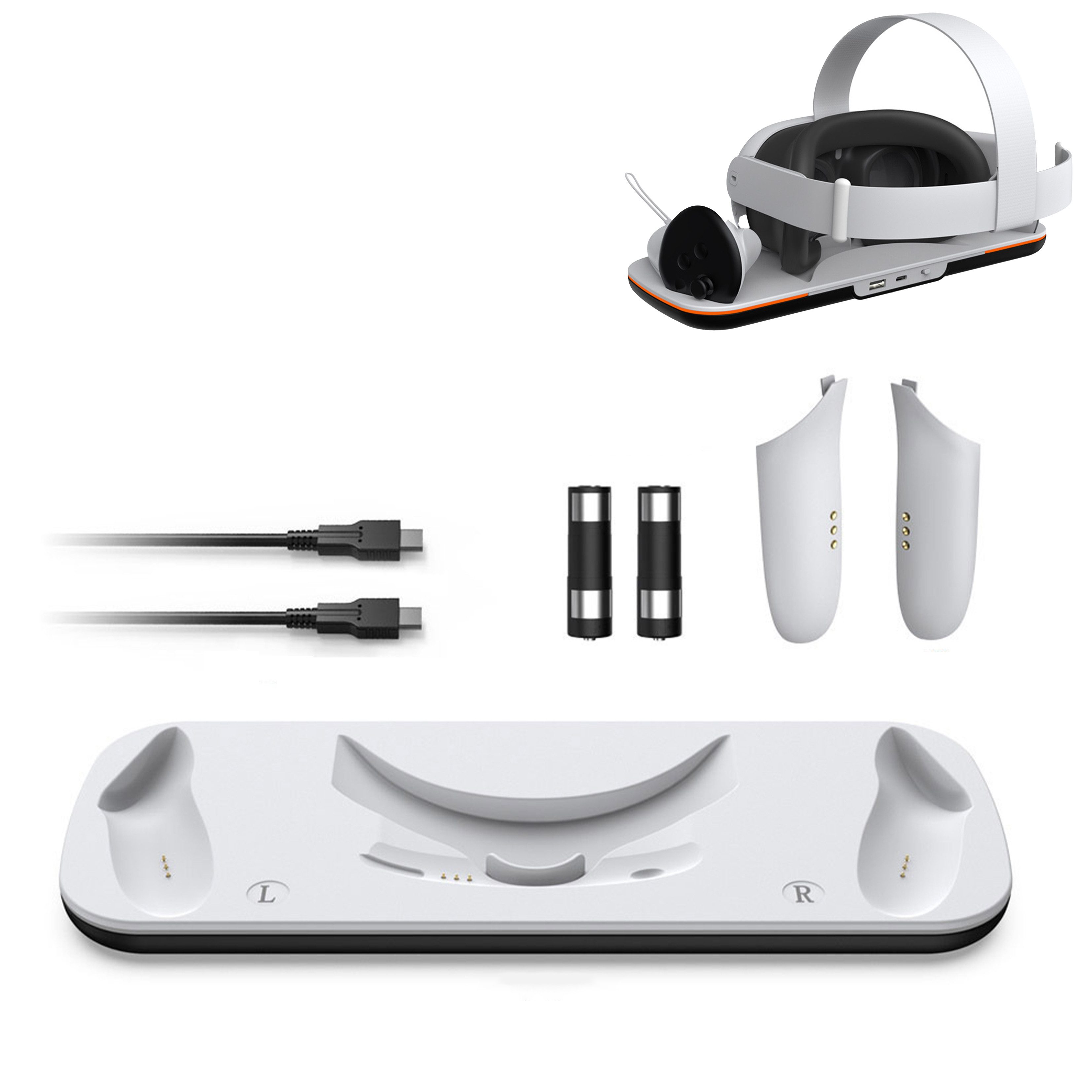 KINSI Ladestation für Meta Quest 3 VR‑Headset und Controller Controller-Ladestation (mit 2 Ersatz‑Akkus, Akku‑Abdeckungen, LED‑Statusleiste)