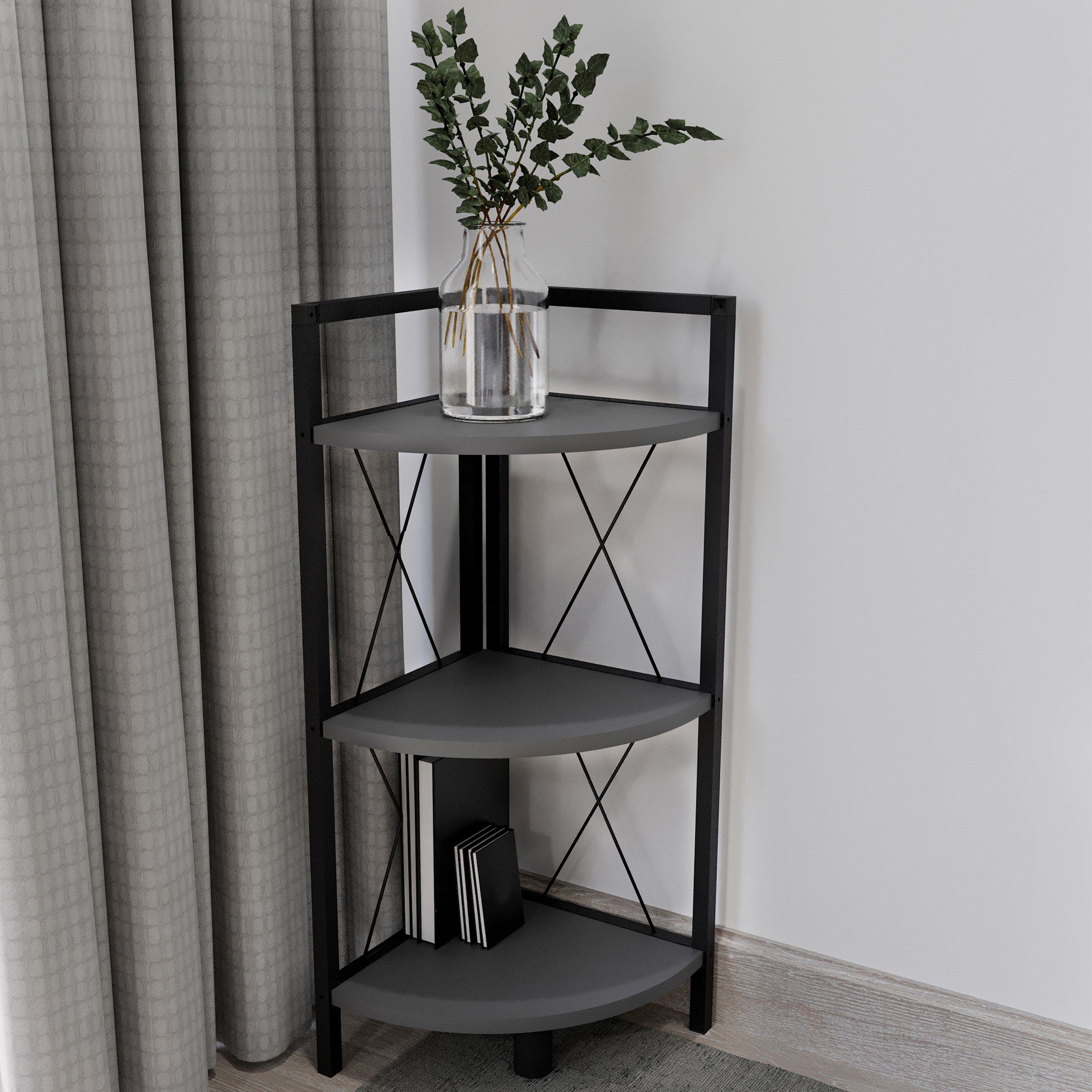 VCM Insasi 2 Scaffale Ad Angolo In Metallro E Legno, Industrial Design, 2 Ripiani Aperti, Anthracite, Dimensioni 87x34x34 Cm - 6