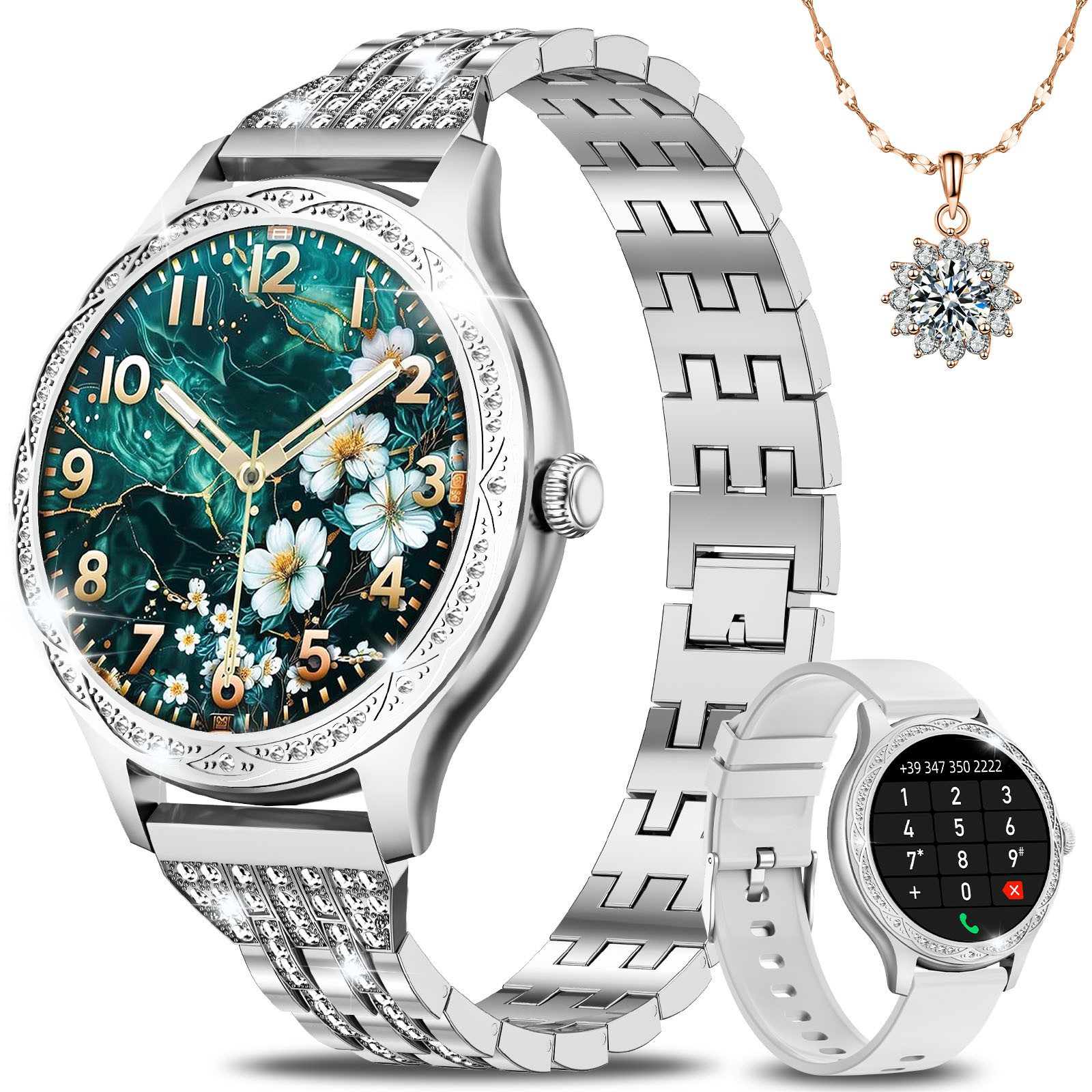 Smartwatch Damen mit Bluetooth-Sprachfunktion und Diamant-Halskette Smartwatch