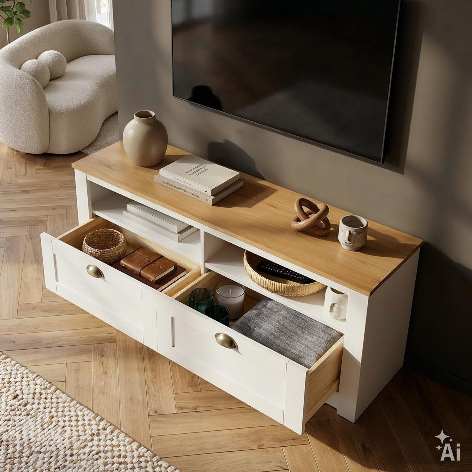 IDIMEX Lowboard BOLTON, TV Schwarz mit 2 Schubladen aus Massivholz mit Muschelgriff Weiß/Braun