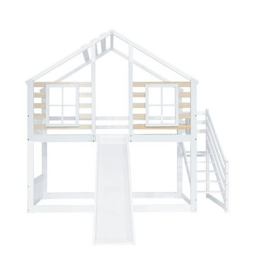 Ulife Etagenbett Doppelbett Kinderbett Hausbett mit Rutsche und Treppe, Blockhaus Kinderbett mit Absturzsicherung und Fenster,90x200 cm