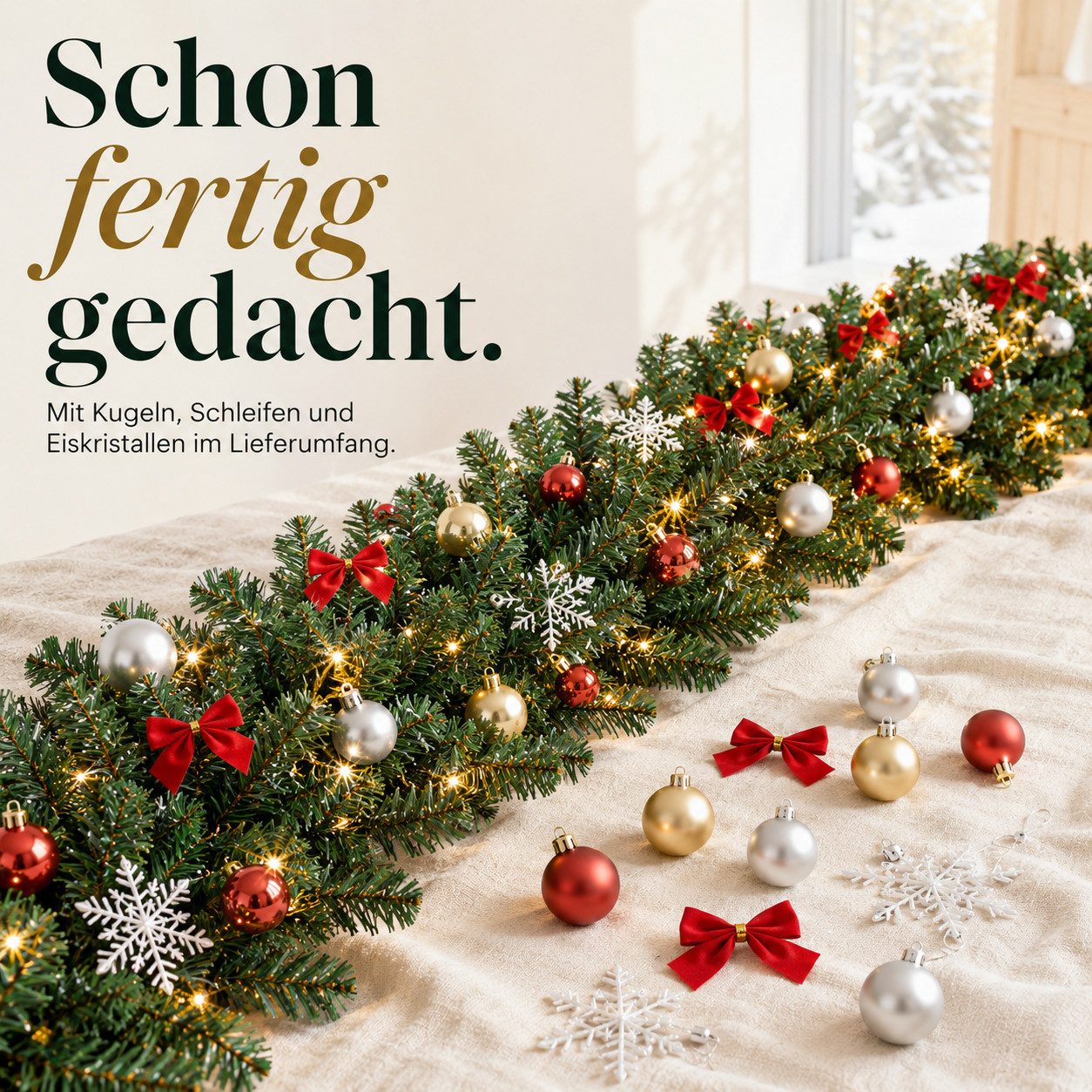 Kunstgirlande Weihnachtsgirlande mit Licht 5m 10m mit 200 LEDs, Onbest, Eiskristalle, Schleifen, GRATIS 5 Karten, Weihnachts Girlande Deko – Bild 4 von 5