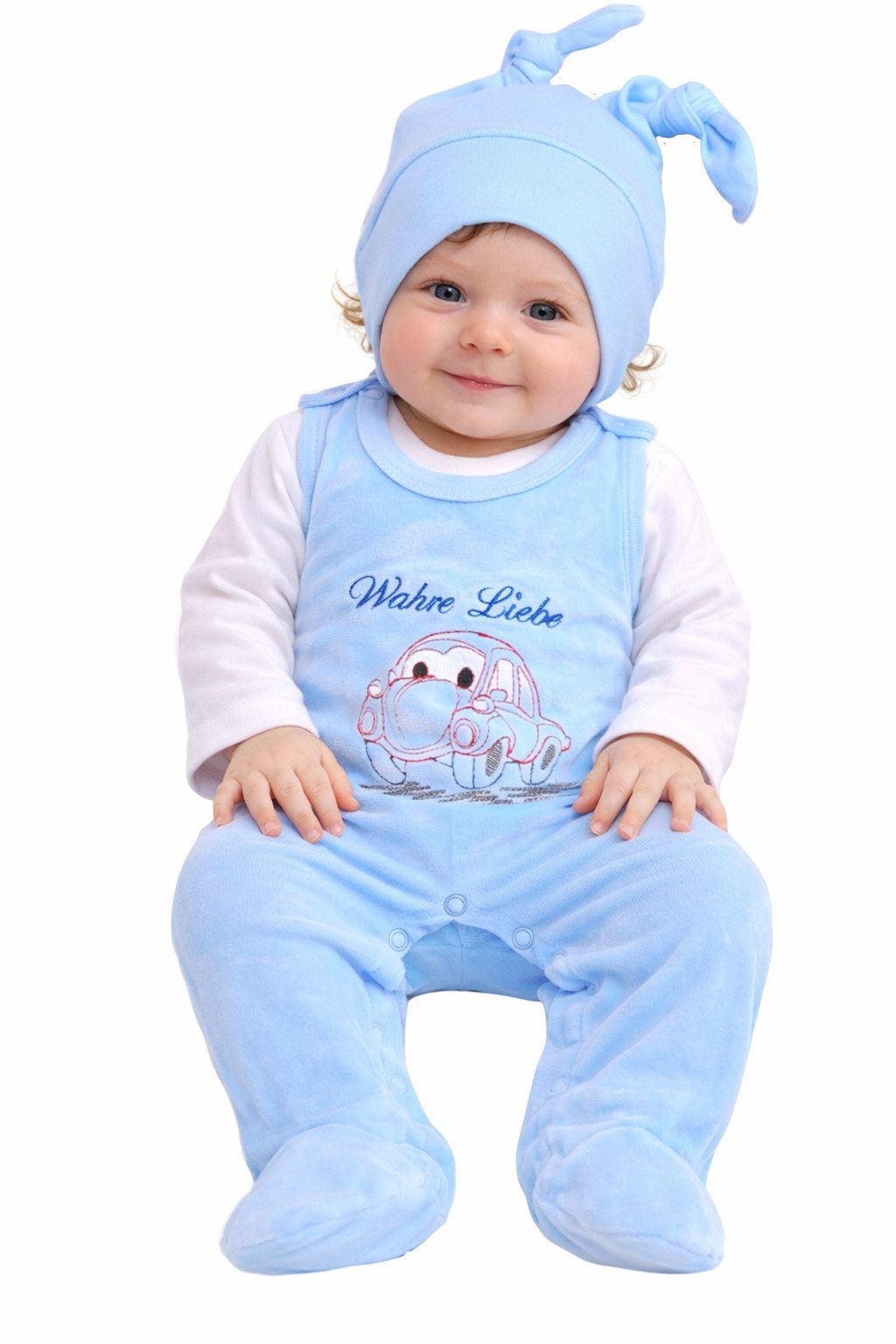 La Bortini Strampler, Jäckchen & Mütze Stramplerhose Mütze Shirt Baby Anzug in Blau mit Auto weich, warm, aus Velours und Baumwolle, 50 56 62 68