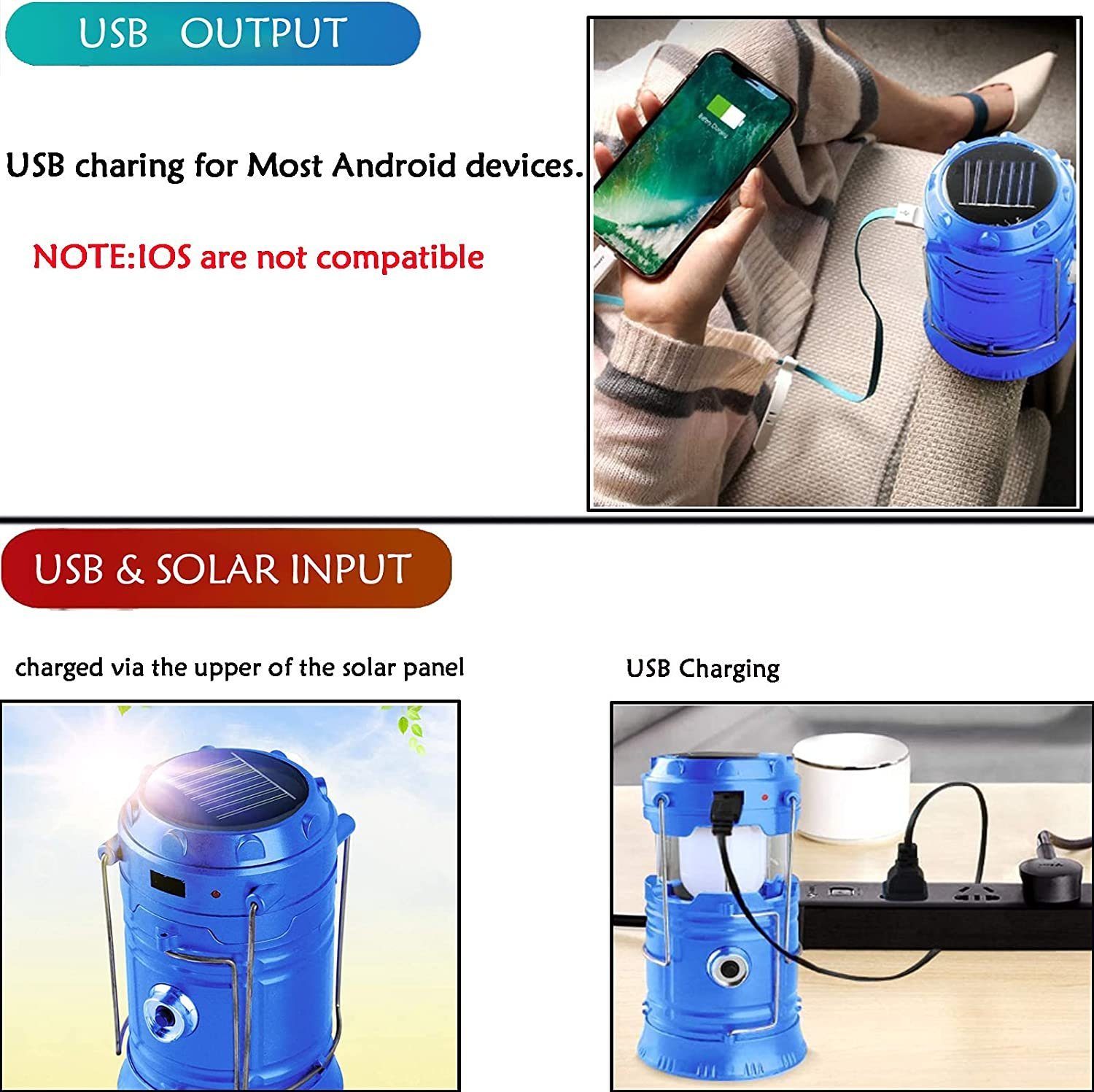 Mutifunktionierte wiederaufladbare 1200 Campinglampe und Powerbank Camping Solar LED Laterne Laterne,USB Blau mah mit LED Lampe, XDeer