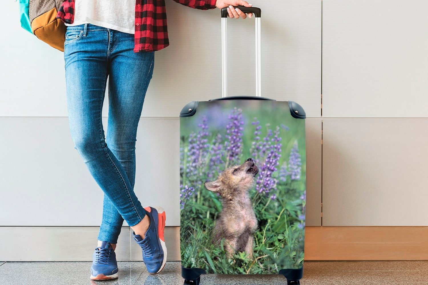 MuchoWow Handgepäckkoffer Wolf - Rollen, rollen, Trolley, Handgepäck Reisekoffer Welpe - Reisetasche Ferien, 4 für mit Blumen