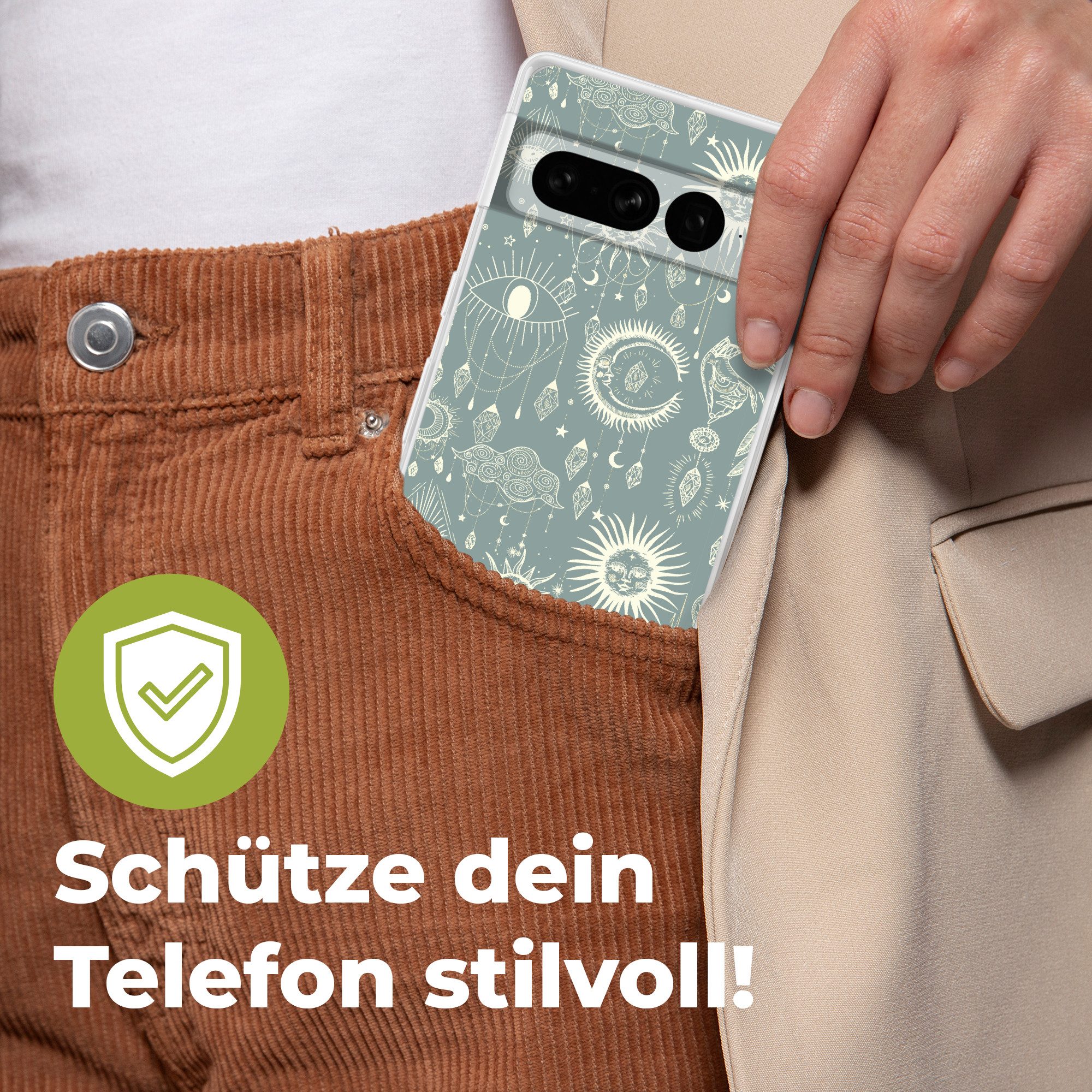 MuchoWow Handyhülle für Google Pixel 7 Pro Boho - Druck - Blau - Sonne - Augen - Zen, Phone Case, Silikon, Schutzhülle Dünn