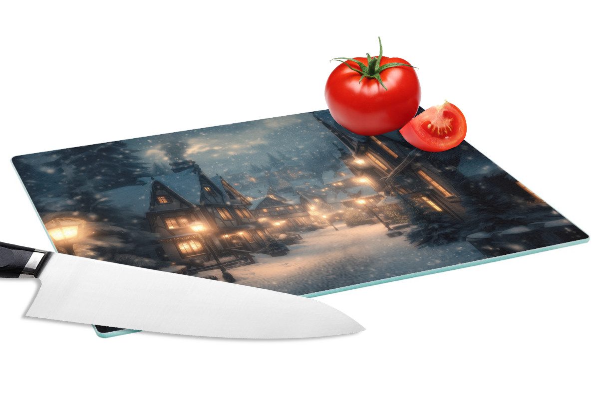 MuchoWow Schneidebrett Winterdorf - Schnee - Dunkelheit, Glas, Schneidebrett Glas, Küchenbrett, Rutschfest, 28x20 cm
