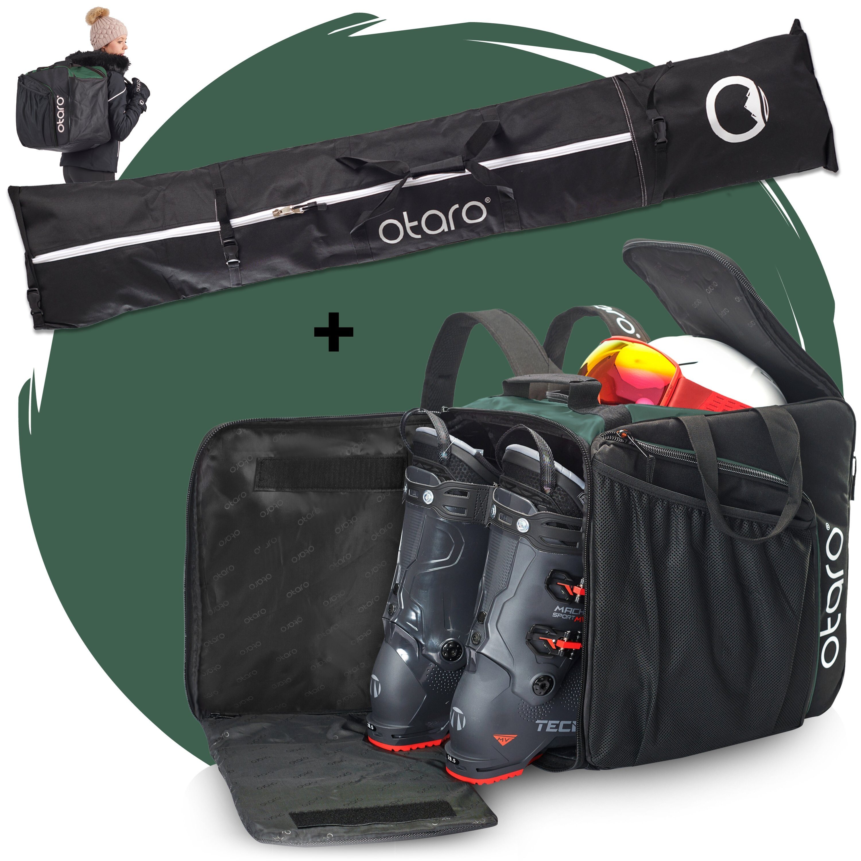 Skitasche, Ausrüstung, Tannengrün Standfläche, Otaro ausklappbare Schuhfach für Stöcke) Perfekt + Set: Ski Schwarz durchdacht, (Schutz Pro-Set Skitasche 2 & für deine Skischuhtasche 2 für Paar Paar Ski mit