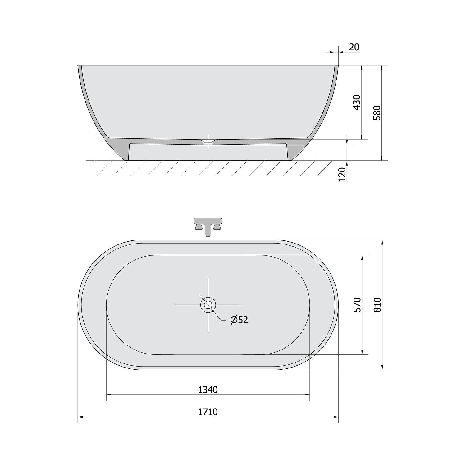 Polysan s.r.o. Badewanne REDUTA Freistehende Badewanne, Gussmarmor 171x81x58cm, Weiß matt, Polysan-71842MAT