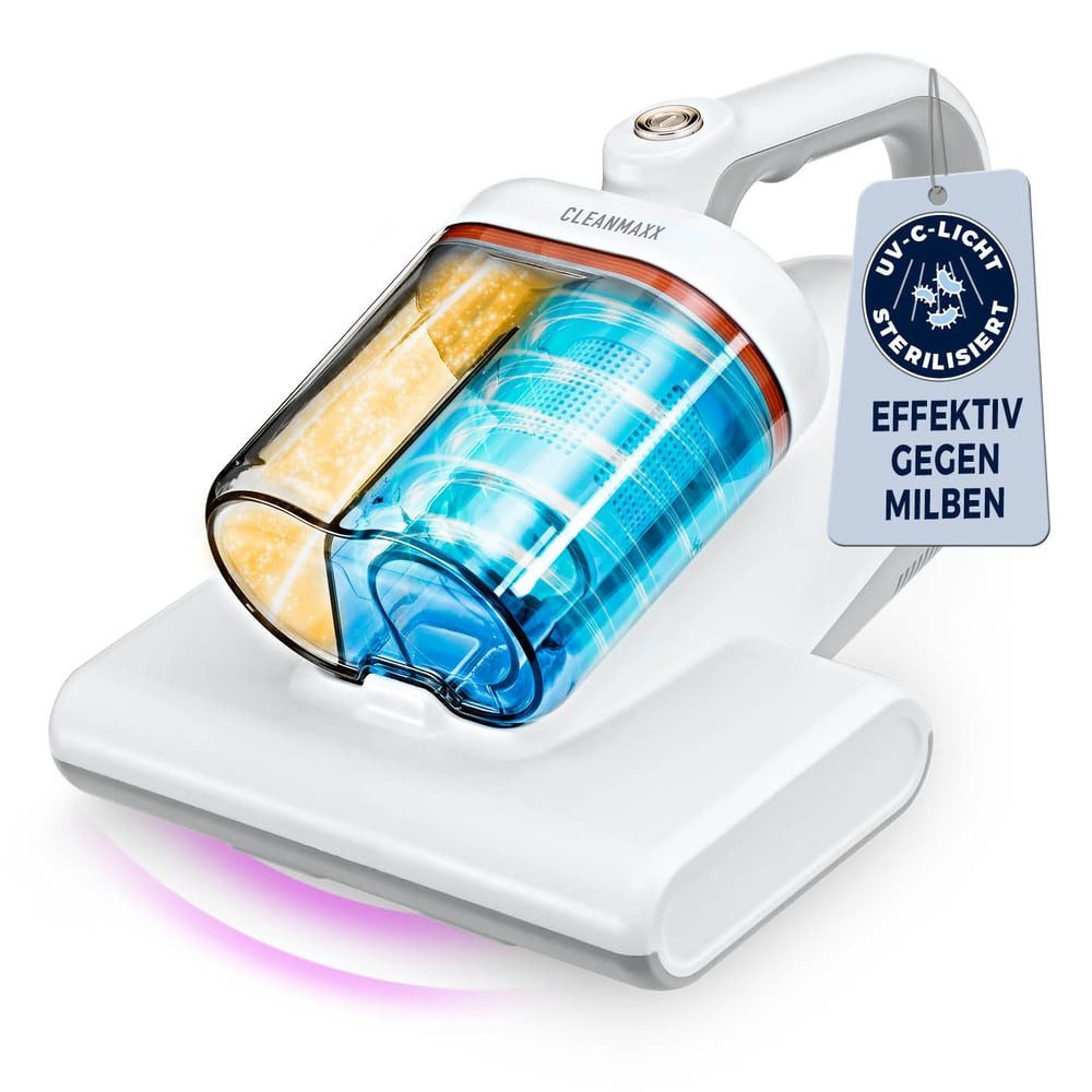 CLEANmaxx Matratzenreinigungsgerät Vibration Pro Milbensauger für Matratzen - entfernt 99,9% aller Milben, 400 W, beutellos, 2-Kammer-Filtersystem Matratzenreiniger - UV-C-Licht Milbenstaubsauger