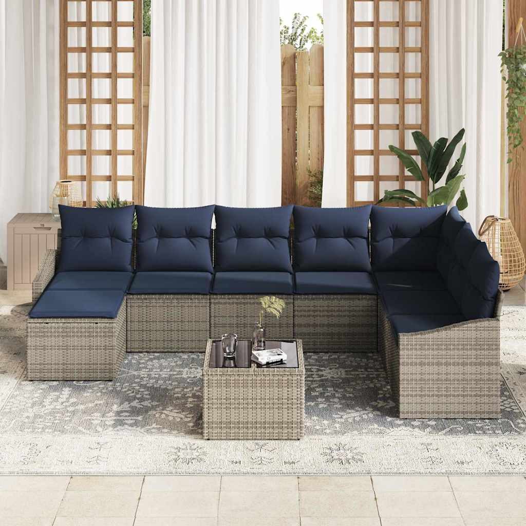 vidaXL Gartenlounge-Set Gartensofa-set mit Kissen 8 pcs Grau und Marineblau Poly-Rattan, (8-tlg)
