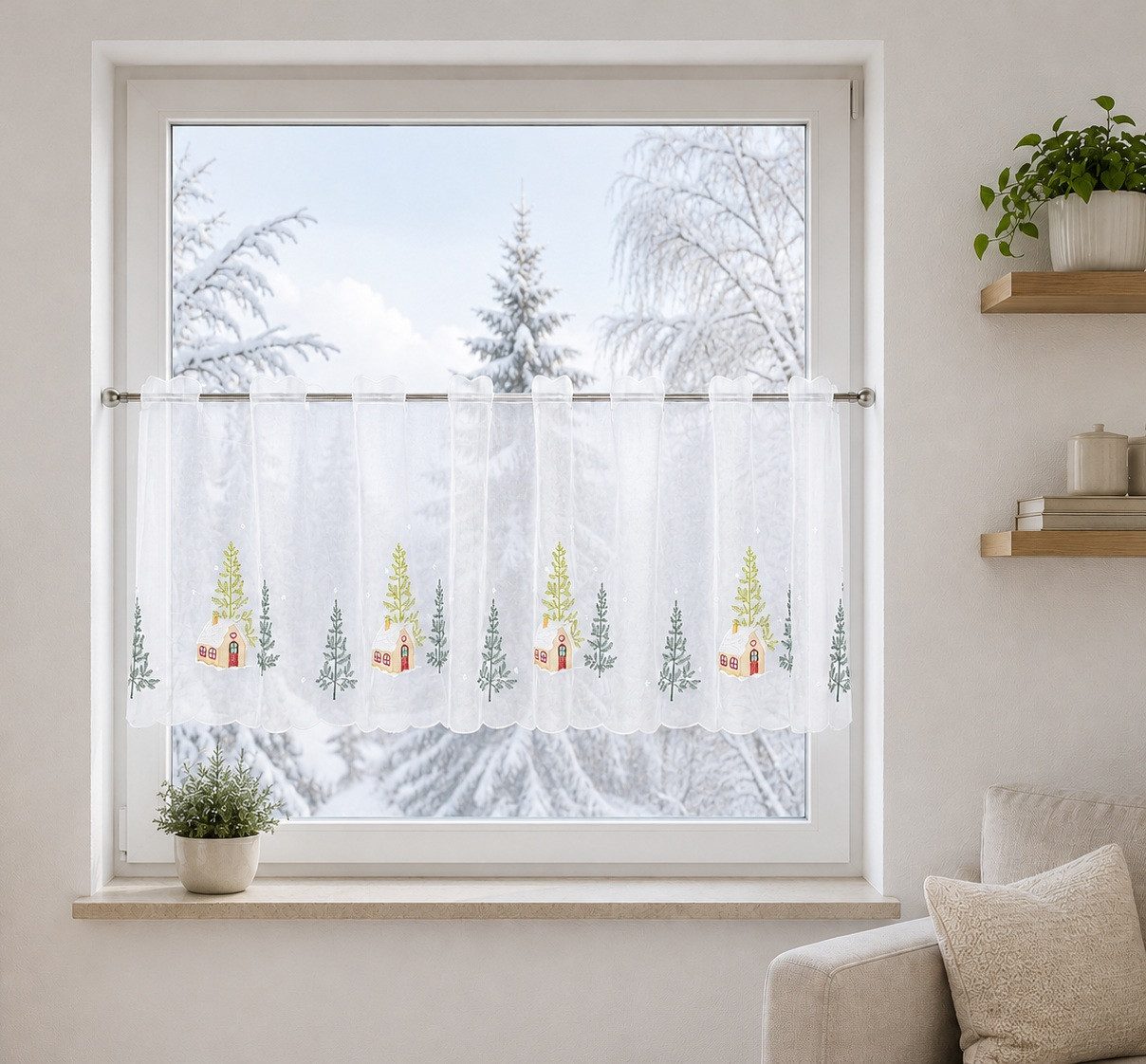 EXPERIENCE Scheibengardine Scheibengardine, bestickt, Winterlandschaft, BxH 48x140cm, Durchzuglöcher, transparent