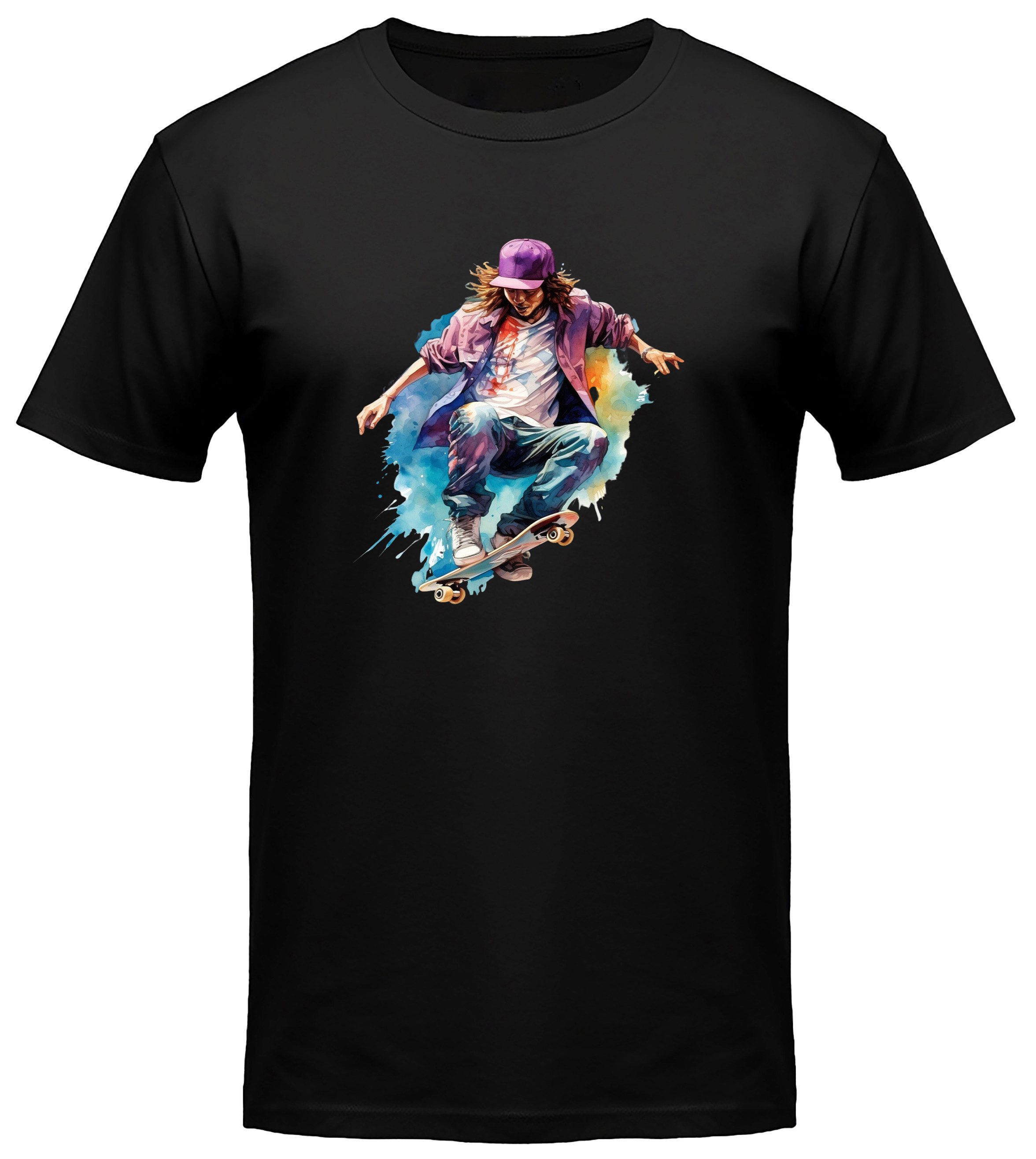 MyDesign24 T-Shirt Skater print Shirt Ölfarben Design Skater T-Shirt schwarz kurzarm Regular Fit i555
