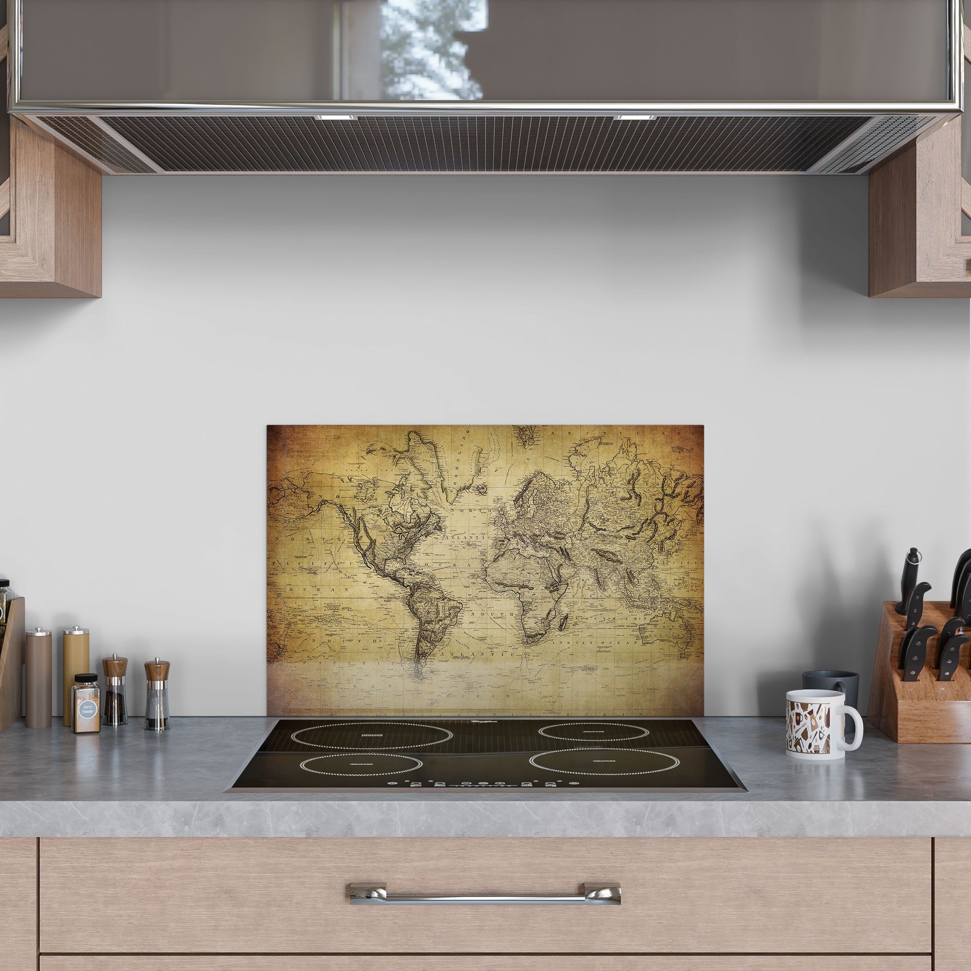 Herdblende Badrückwand 'Alte Spritzschutz Glas DEQORI Weltkarte', Küchenrückwand