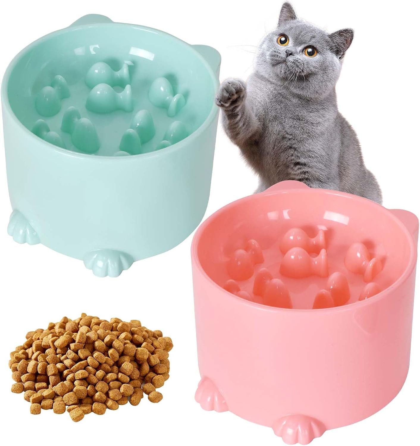 FELIXLEO Antischlingnapf 2 Stück Anti Schling Napf Katze Erhöht Slow Feeder Grün Rosa