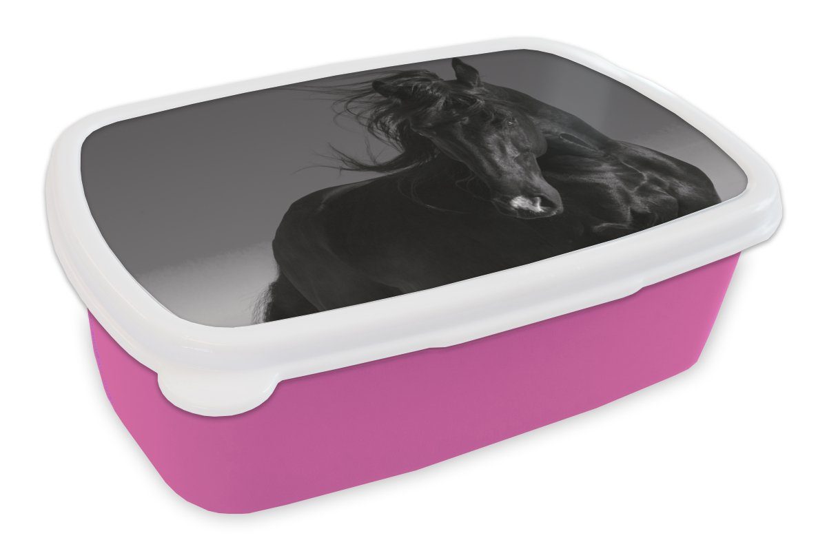MuchoWow Lunchbox Pferd - Tiere - Mähne - Schwarz, Kunststoff, (2-tlg), Brotbox für Erwachsene, Brotdose Kinder, Snackbox, Mädchen, Kunststoff rosa