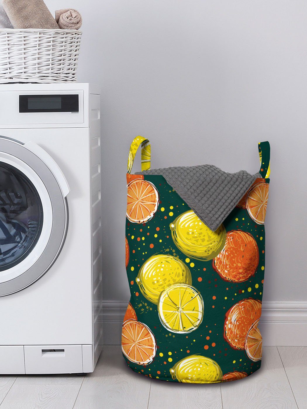 Abakuhaus Wäschesäckchen Wäschekorb mit für Griffen und Zitronen Hand Obst Kordelzugverschluss Waschsalons, gezeichnet Orangen