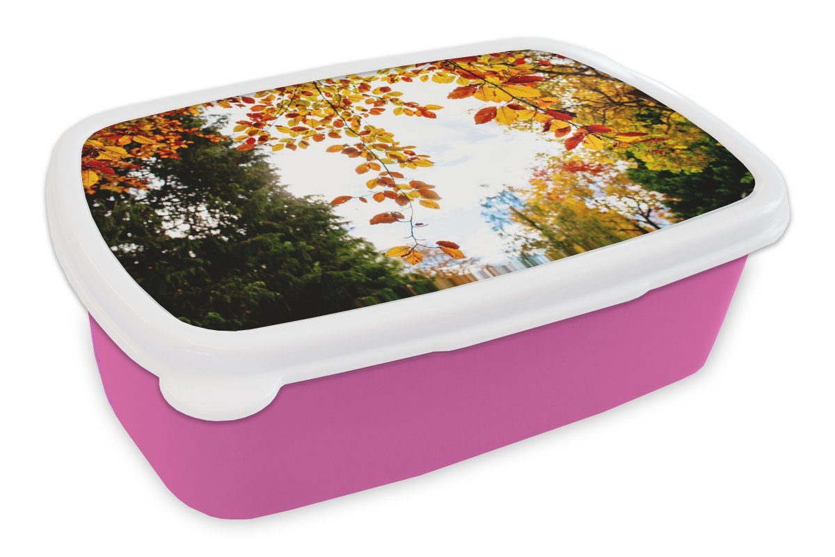 MuchoWow Lunchbox Herbst - Laub - Natur, Kunststoff, (2-tlg), Brotbox für Erwachsene, Brotdose Kinder, Snackbox, Mädchen, Kunststoff rosa