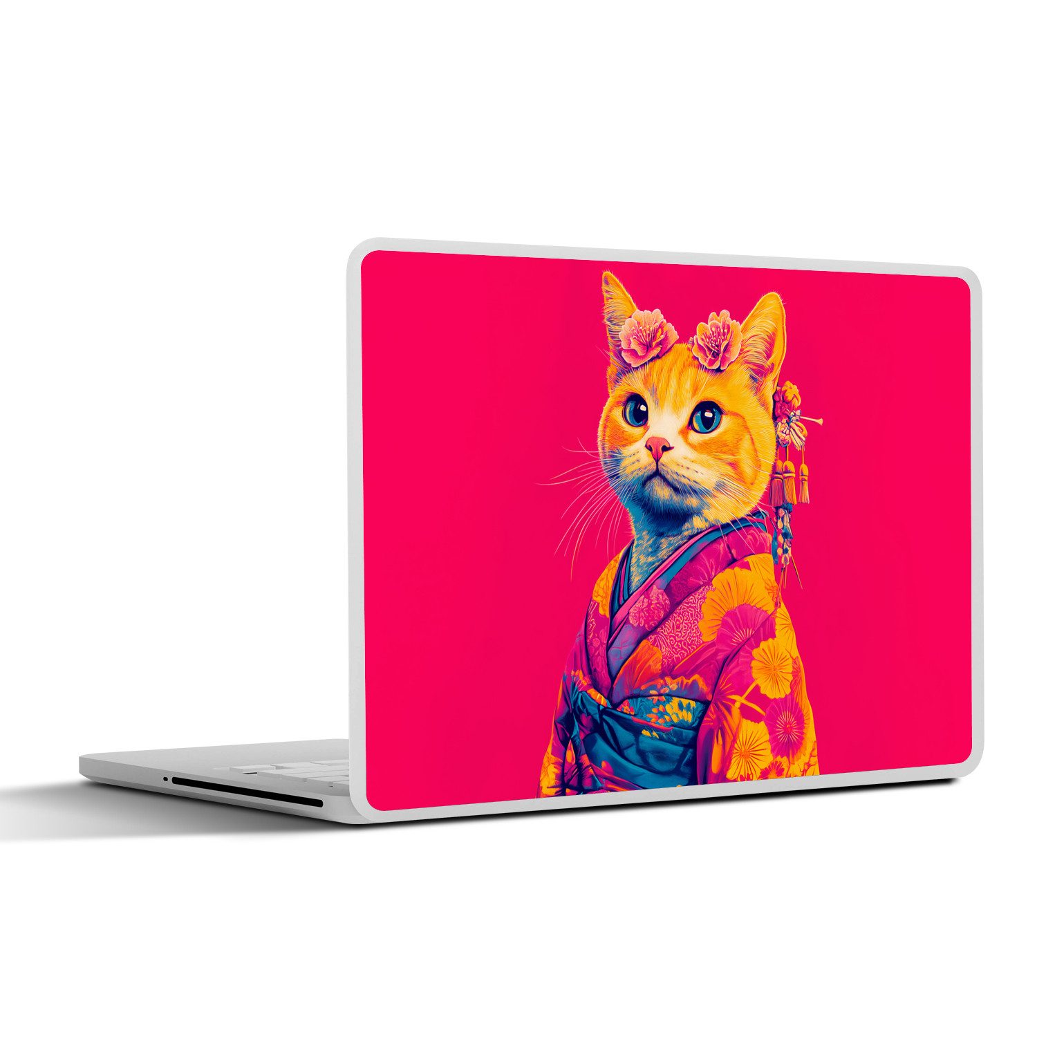 MuchoWow Laptop-Aufkleber Katze - Kimono - Blumen - Rosa, (1tlg), Aufkleber Geeignet für Laptops, Schutz vor Kratzern, Sticker, 31x22 cm