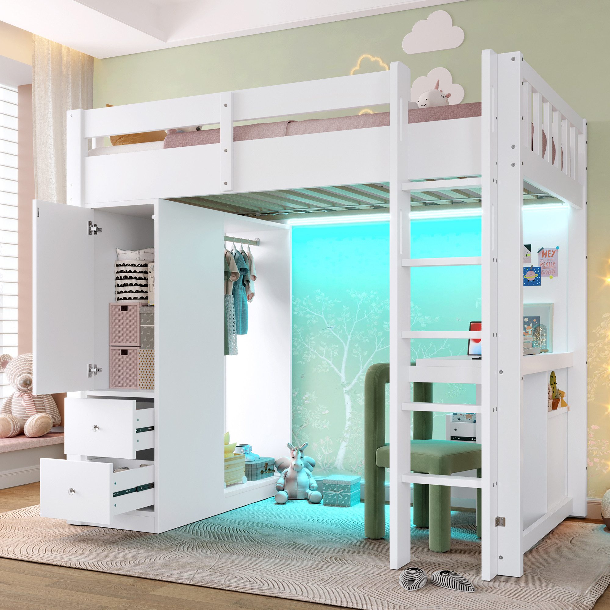 REDOM Hochbett Kinderbett Funktionsbett (mit Integriertem Schreibtisch & Stauraum, 4 Schubladen, offener Kleiderschrank, 1-St., 90x200) LED-Licht und USB