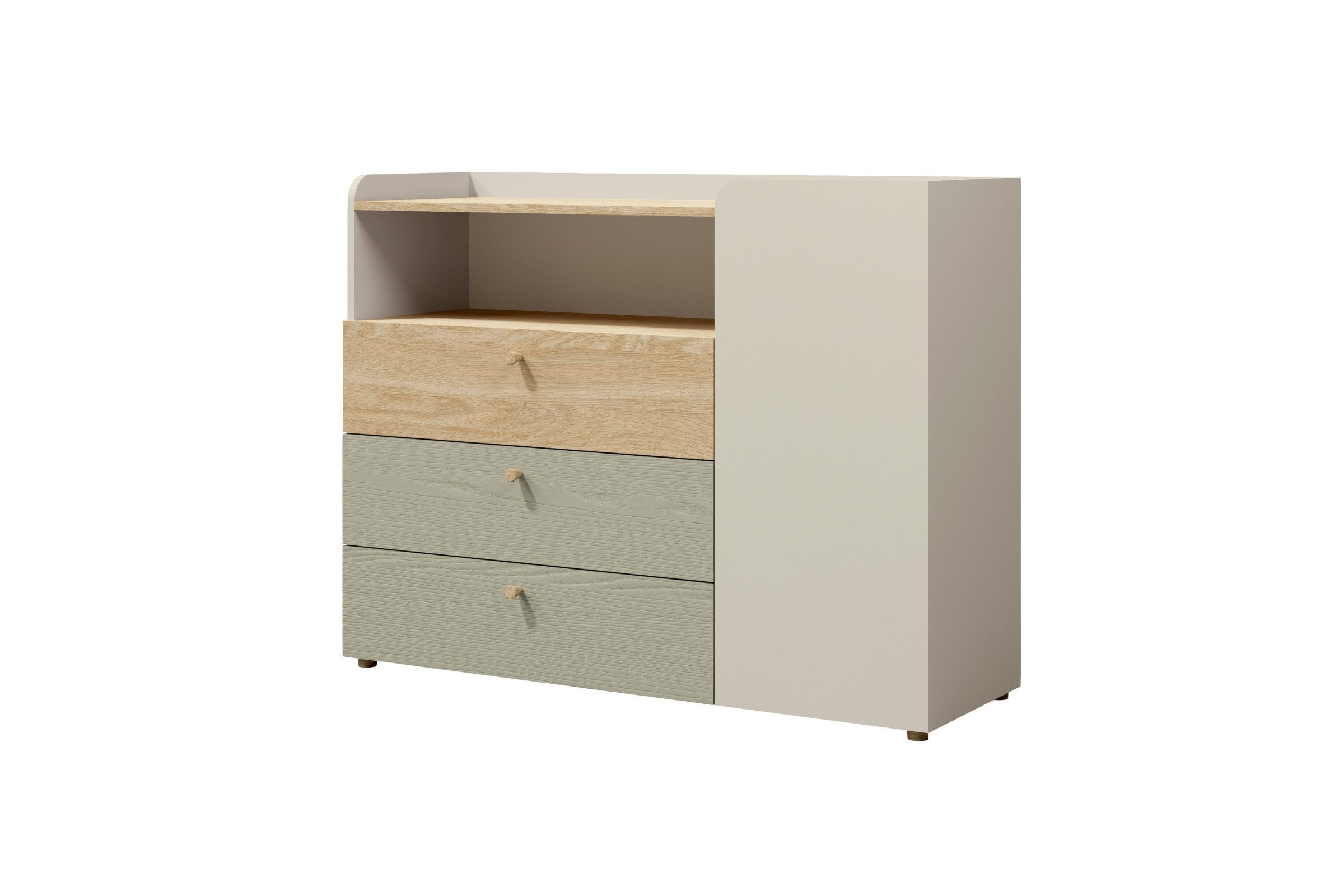 Deine Möbel 24 Kommode YOGI 09 Kinderkommode Sideboard 120 cm breit (Set, 3 St., inkl. 3 Schubladen), Kinderzimmer Jugendzimmer Graubeige Geölte Eiche Eukalyptus Koralle