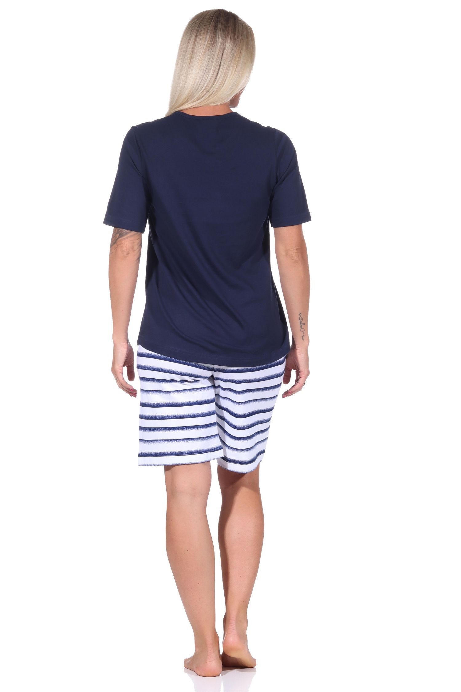 Normann Pyjama Maritimer Damen kurzarm Shorty Schlafanzug, Top mit Leuchturm Motiv – Bild 4 von 5