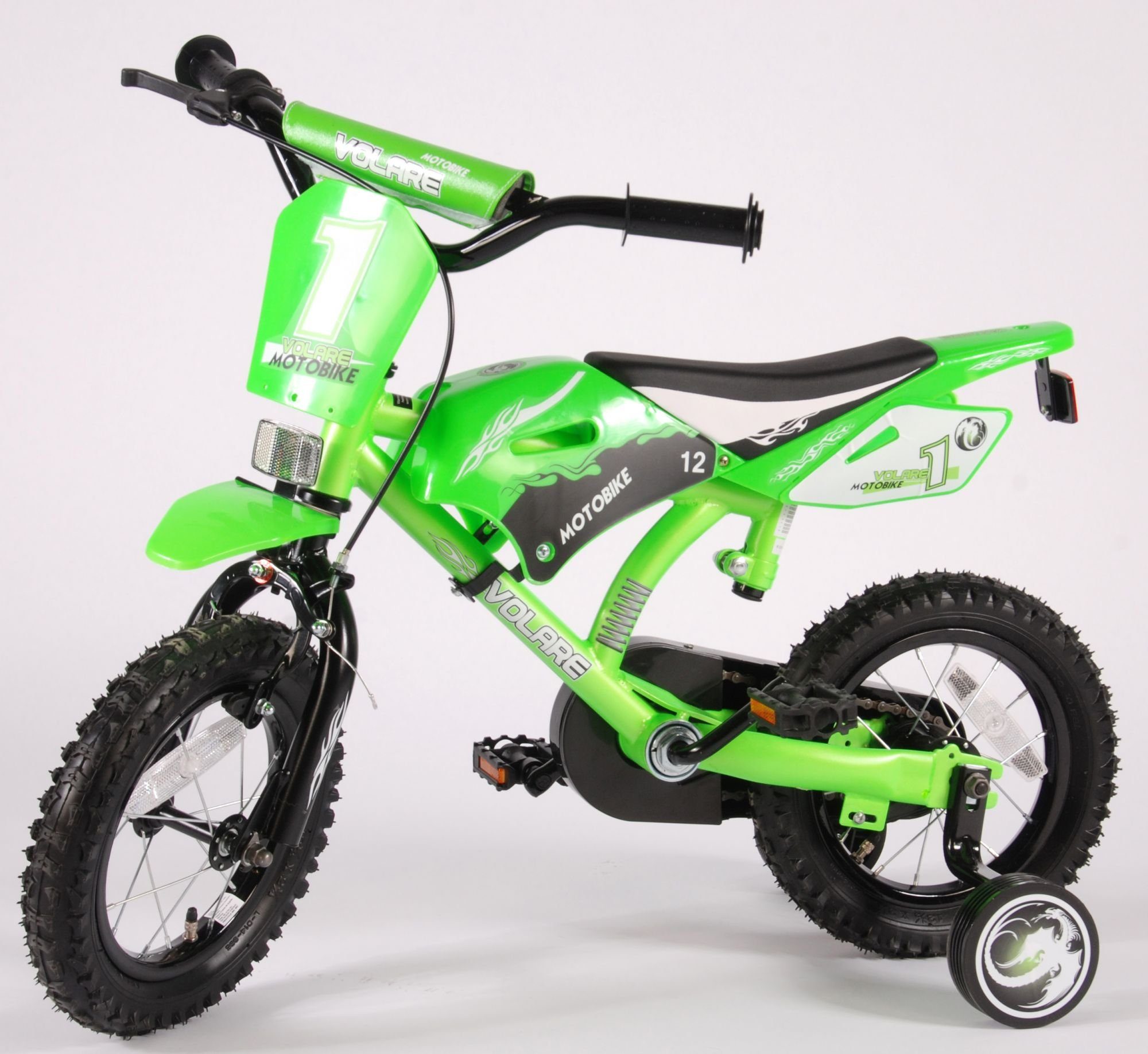 Volare Kinderfahrrad Motobikeoptik - 12 Zoll - 95% zusammengebaut - verschiedenen Farben, 1 Gang, bis 60 kg, Lenkerhöhe einstellbar, Luftbereifung, Stahlfelgen grün