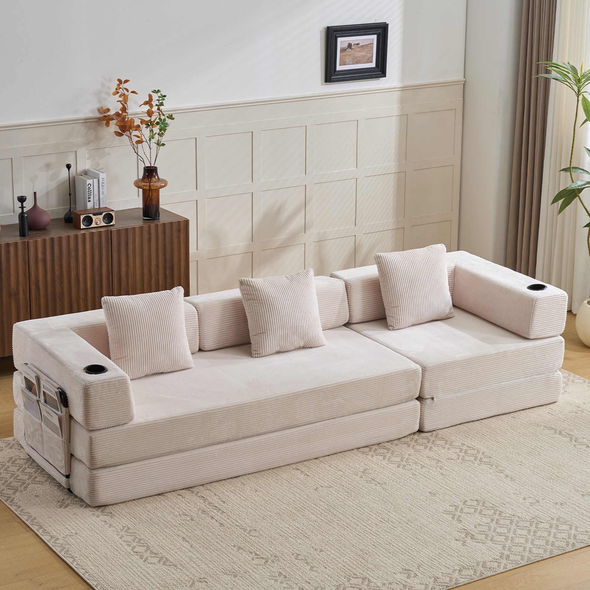 Vankel Sofa Sofas Wohnzimmer, 3-Sitzer Schlafsofa aus Cord mit Cupholder, Faltbares Sofa mit Seitentaschen, Liegefunktion und ohne Montage