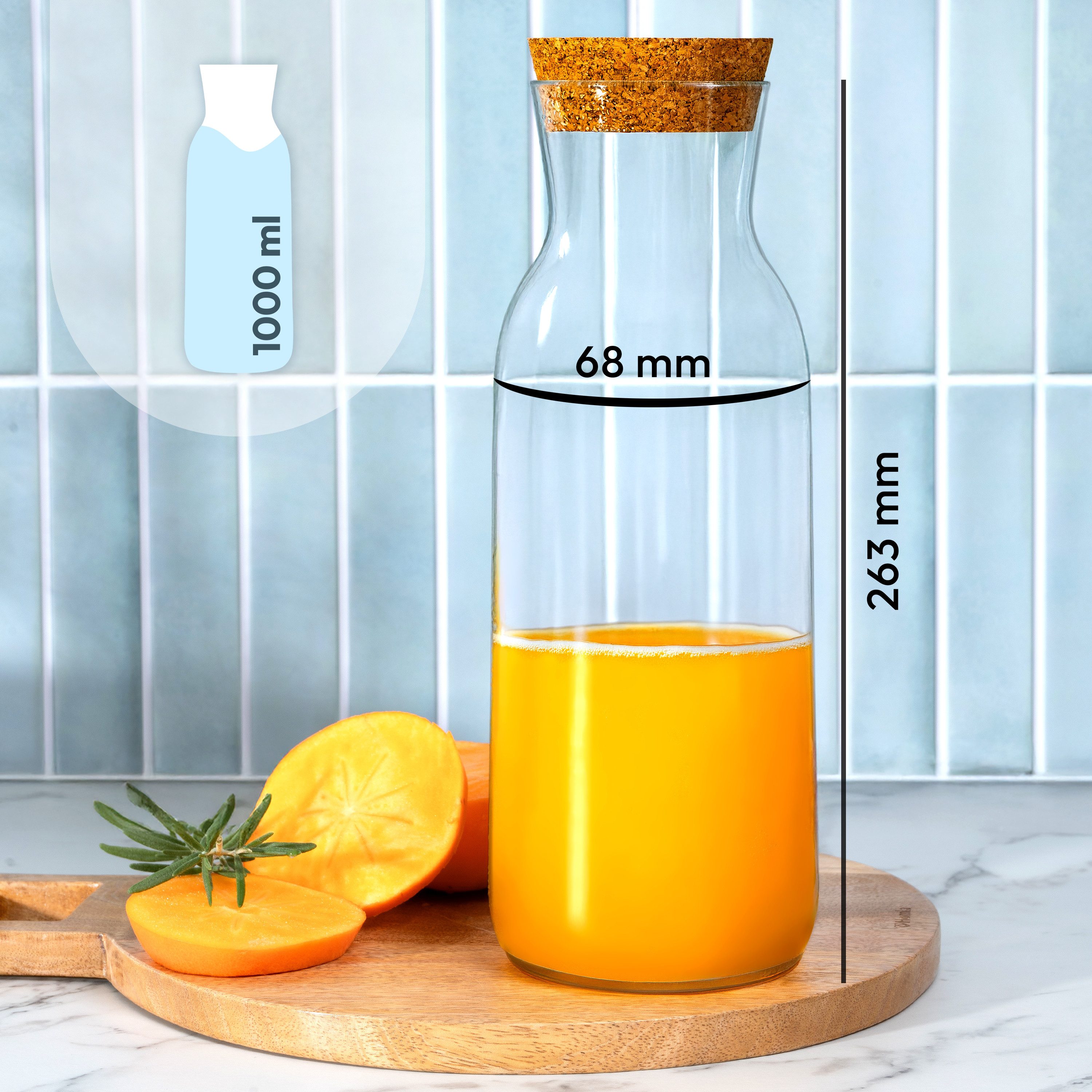 KONZEPT Karaffe Wasserkaraffe mit Deckel, Karaffe aus Glas 1 liter, (3-tlg), ideal für Wasser, Saft, Limonade und Milch