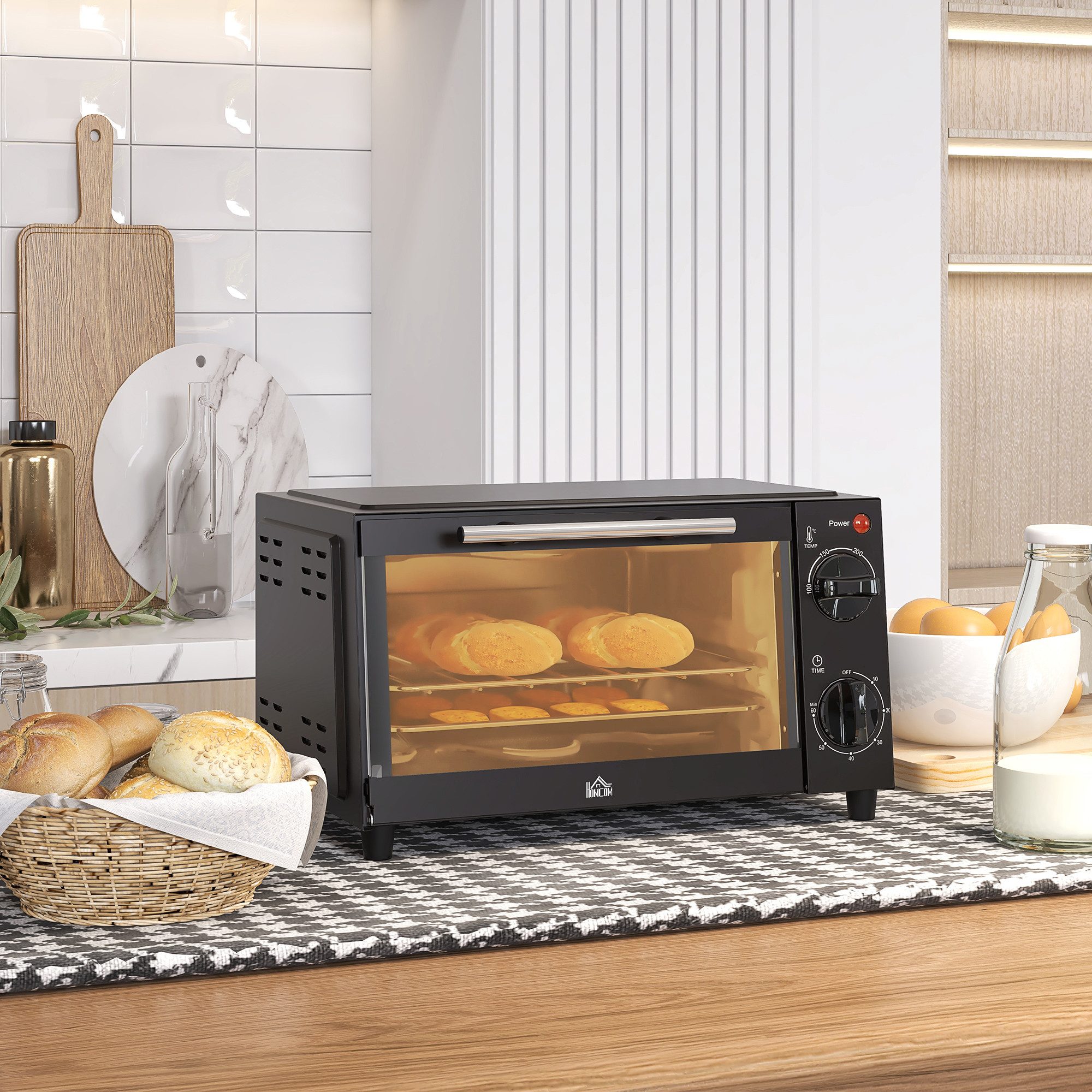 HOMCOM Minibackofen Backofen 10 L 750W 100-230℃ mit Backblech Pizza-Ofen, zum Grillen, Backen, Toasten, Schwarz