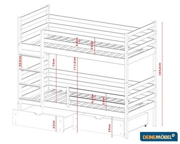 Deine Möbel 24 Etagenbett Hochbett Kinderbett NEMO für 2 Kinder 80x180 90x200 Weiß (Matratzen optional, Bett, Lattenrost, Rausfallschutz unten gratis, 2 Schubladen, Leiter), aus Vollholz Kiefernholz, in 2 Einzelbetten umbaubar