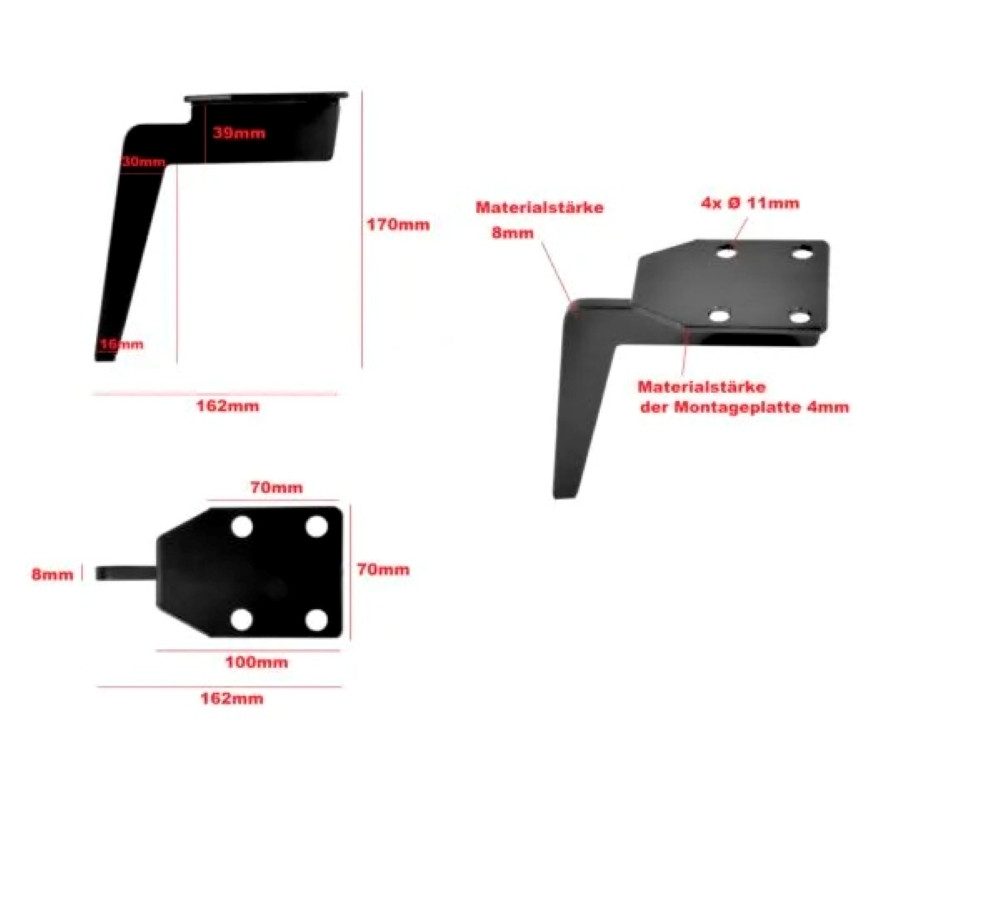 Prima-Online Möbelfuß Möbelfuß 170 mm schwarz Metall – stabile Montageplatte 100 x 70 mm, (1-St), Hohe Tragfähigkeit,pulverbeschichtet, einfache Montage