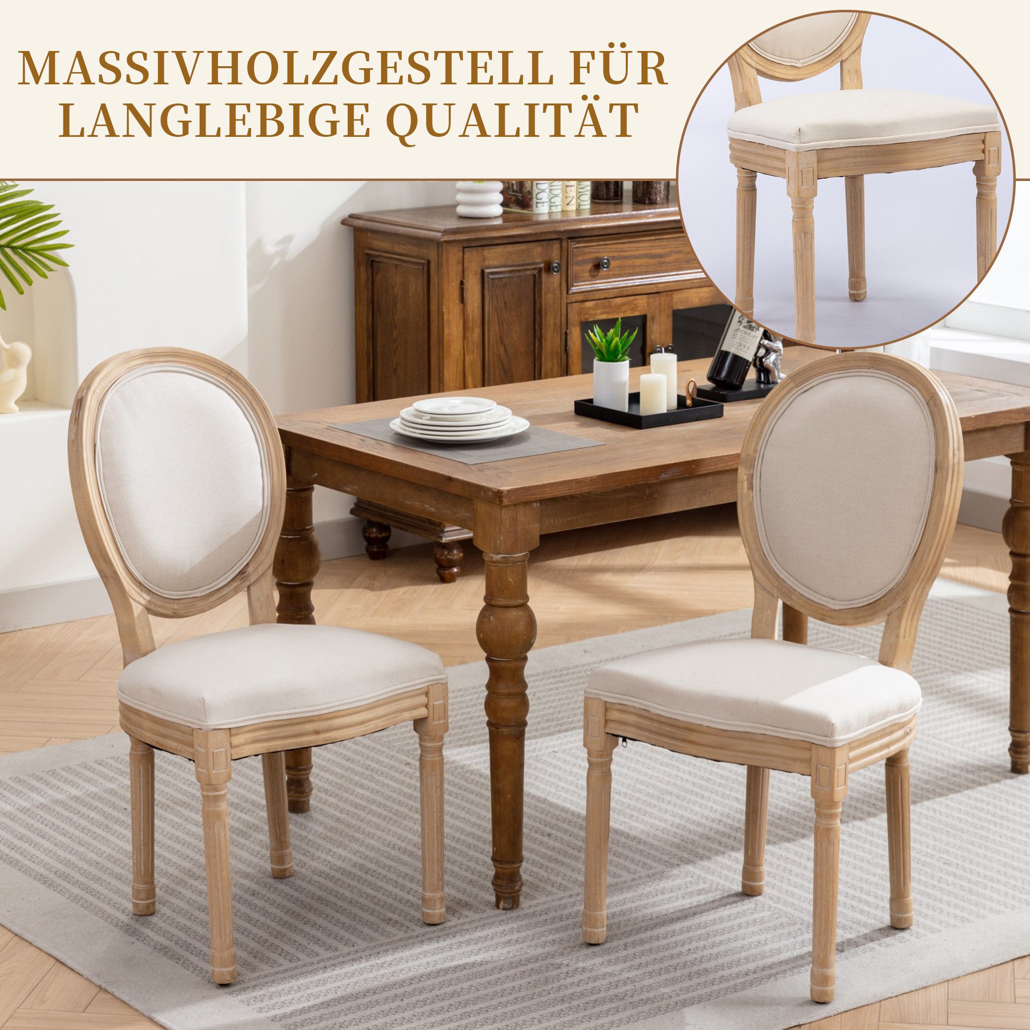 SeedWave Esszimmerstuhl 2er Set Küchenstuhl aus Massivholz-Gestell, mit Ovaler Rückenlehne, Polsterstuhl inkl. Leinenbezug Sitzfläche