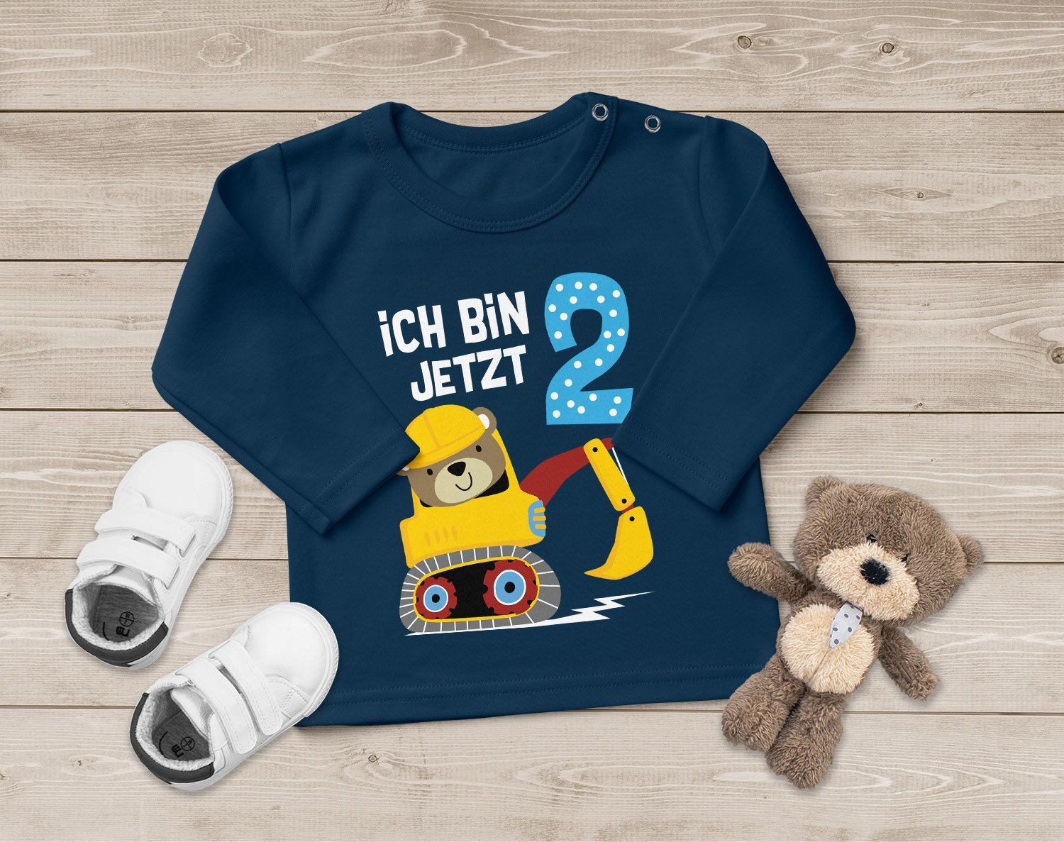 MoonWorks Rundhalsshirt Baby Langarm-Shirt erster, zweiter Geburtstag Bär Bagger Bauarbeiter – Bild 3 von 4
