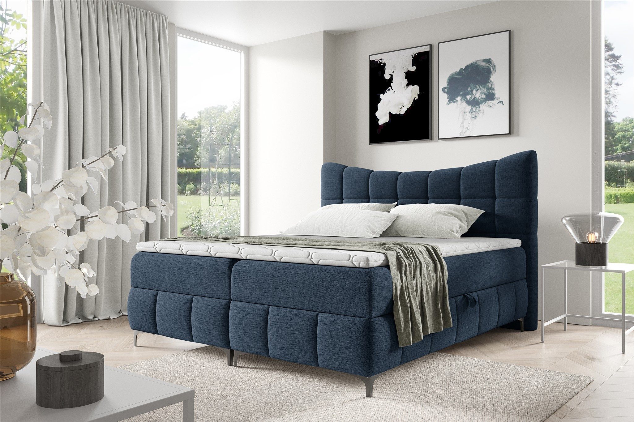 Fun Möbel Boxbett Bett Schlafzimmerbett CHARLES PREMIUM in Stoff (Taschenfederkernmatratze), inkl. Viscoschaumtopper und Bettkästen