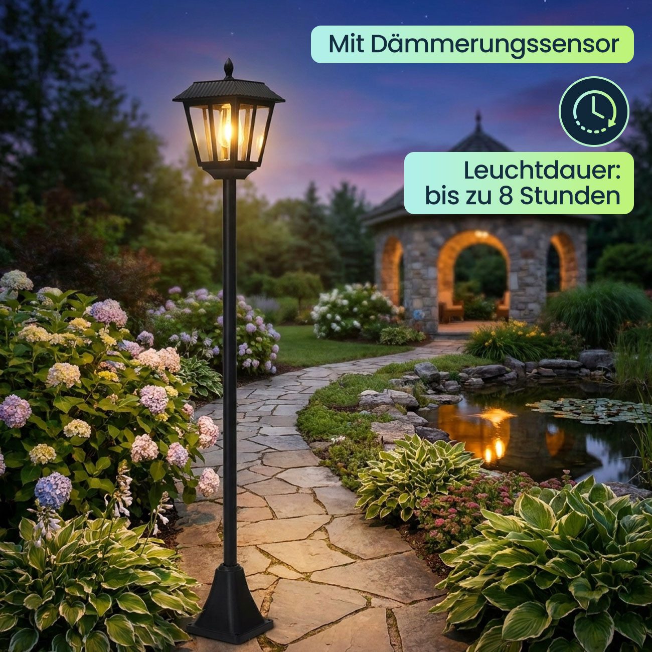 Casativo LED Außen-Stehlampe Solar-LED-Gartenlaterne mit Dämmerungssensor Wetterfest IP44, 6 SMD-LEDs, fest verbaut, Tageslichtweiss, bis zu 8 Std. Leuchtdauer/Solarbetrieb/B18 × H160 × L18 cm