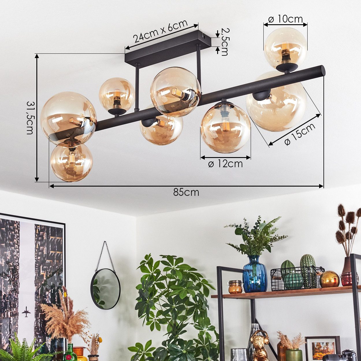 hofstein Deckenleuchte Deckenlampe aus Metall/Glas in Schwarz/Bernsteinfarben, ohne Leuchtmittel, Leuchte im Retro/Vintage-Design, Glasschirme (10, 12, 15 cm),  – Bild 4 von 5