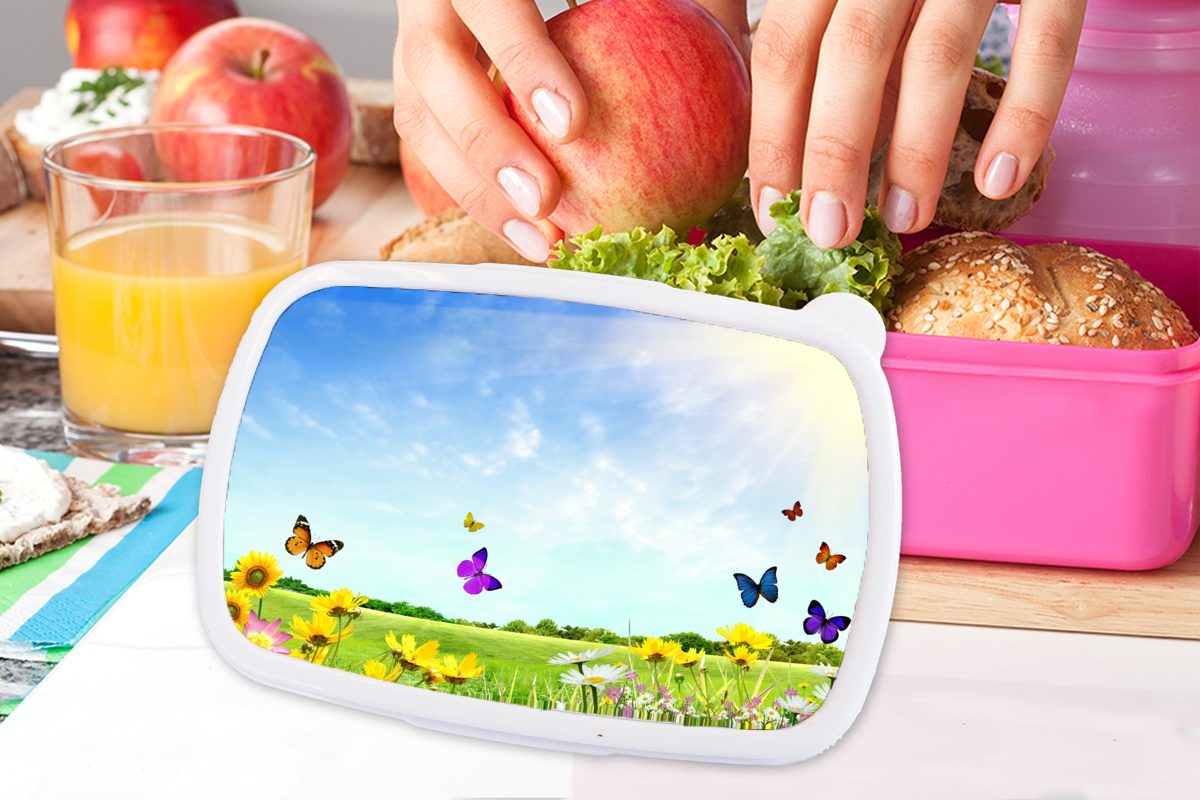 Sommer, Kinder, Blumen (2-tlg), Brotbox Mädchen, MuchoWow rosa - Lunchbox für Brotdose Erwachsene, Kunststoff, Kunststoff - Snackbox, Schmetterlinge