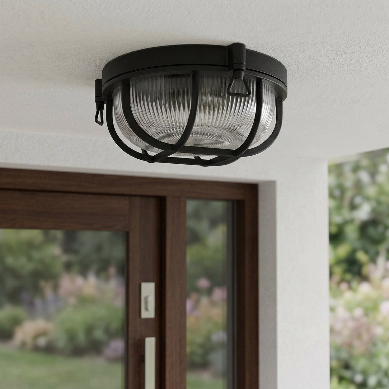 hofstein Außen-Deckenleuchte Außendeckenlampe aus Metall/Riffelglas in Schwarz/Klar, ohne Leuchtmittel, Deckenleuchte draussen im Industrial/Retro/Vintage-Design, E27, IP44