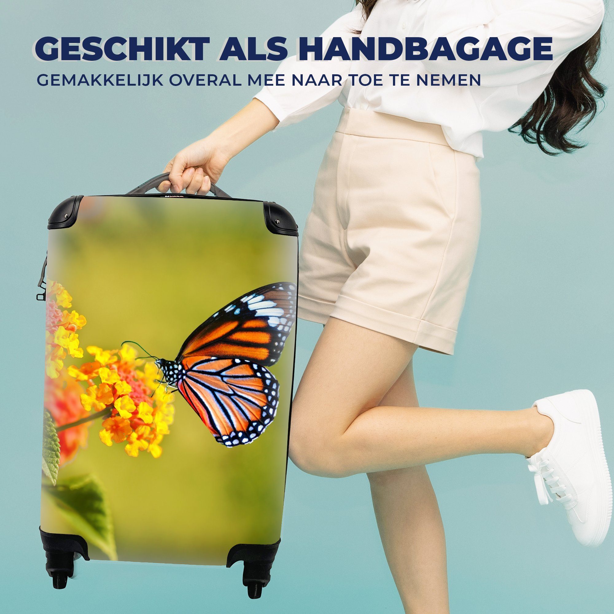 MuchoWow Handgepäckkoffer Schmetterling - Insekten rollen, Reisekoffer mit Reisetasche Trolley, Ferien, Gelb, - für 4 Rollen, Handgepäck - Blumen