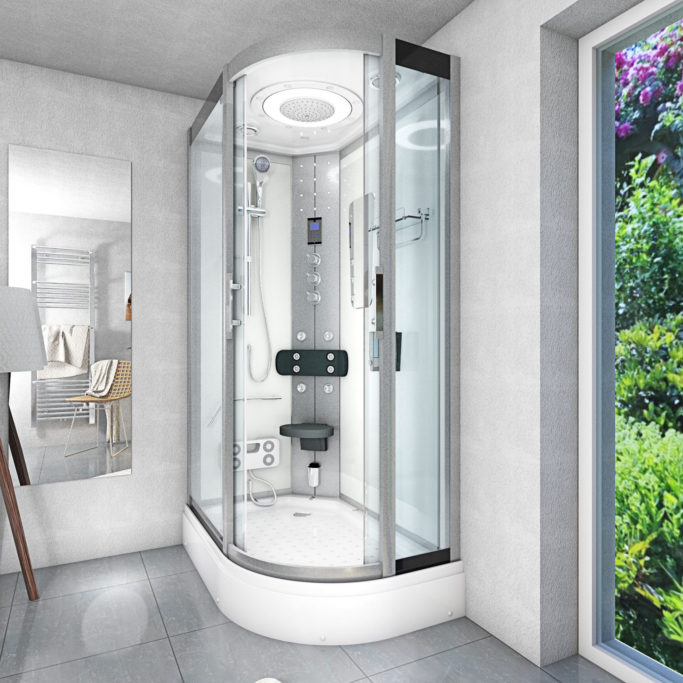 AcquaVapore Komplettdusche Dusche Duschkabine D60-70T1R-ALL Weiß 80x120, Sicherheitsglas ESG, inklusive Duschwanne, Höhenverstellbar, Mit Bauanleitung, Mit Beleuchtung, Mit Spiegel, Gehä