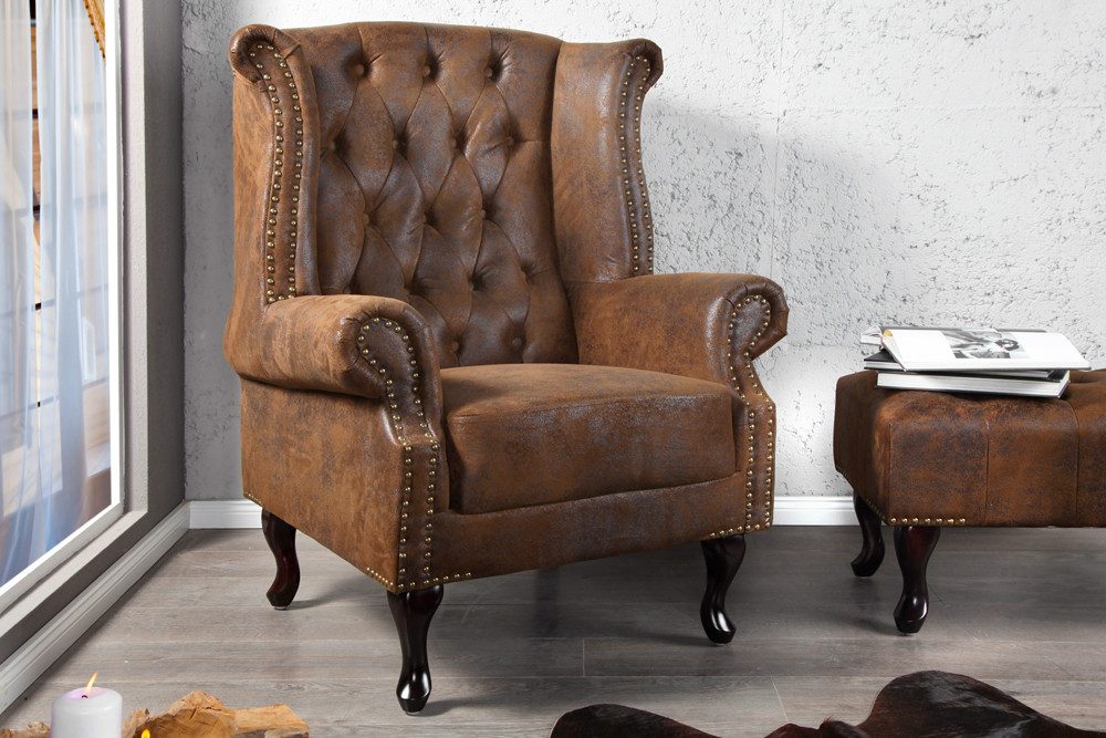 riess-ambiente Sessel CHESTERFIELD 85cm antik braun, Wohnzimmer · Microfaser · Nosagfederung