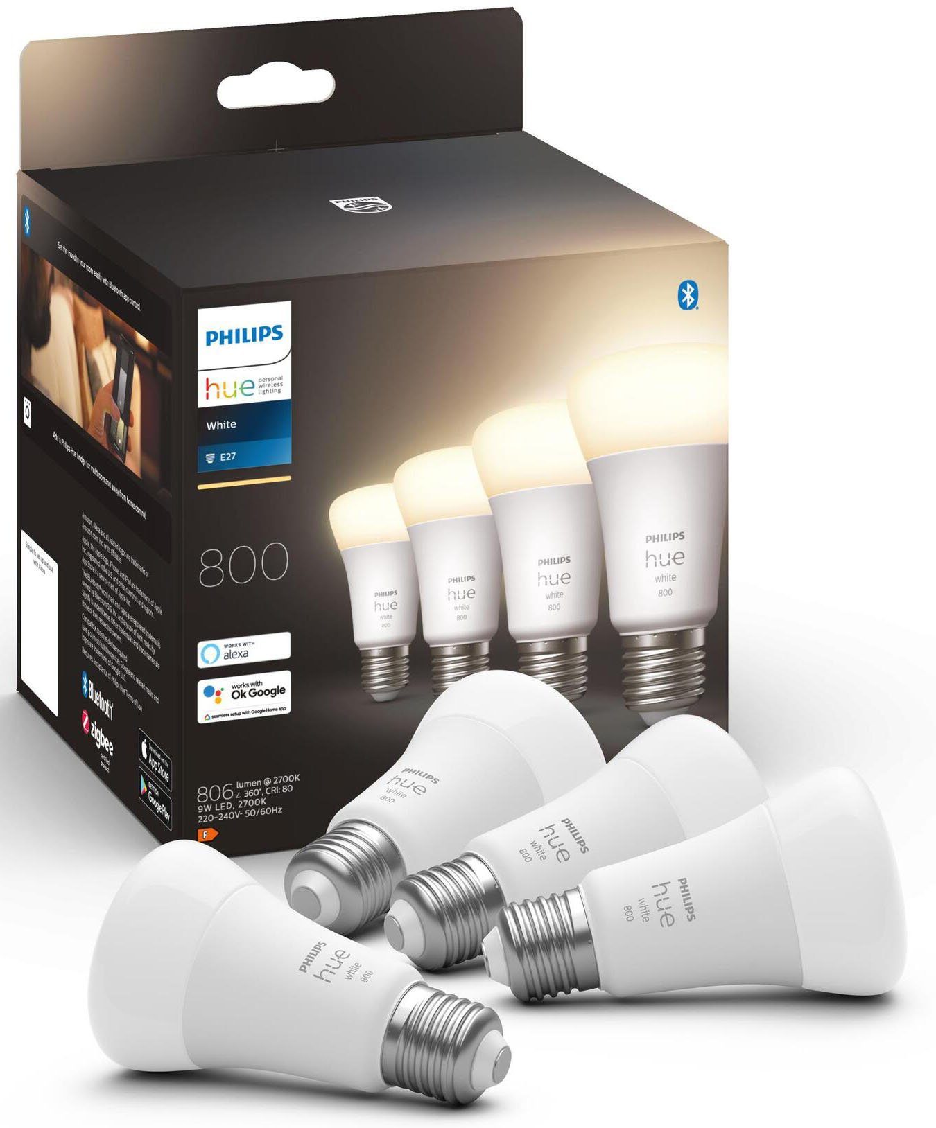 Philips Hue LED-Leuchtmittel White E27 Viererpack 4x800lm 60W, E27, 4 St., Warmweiß