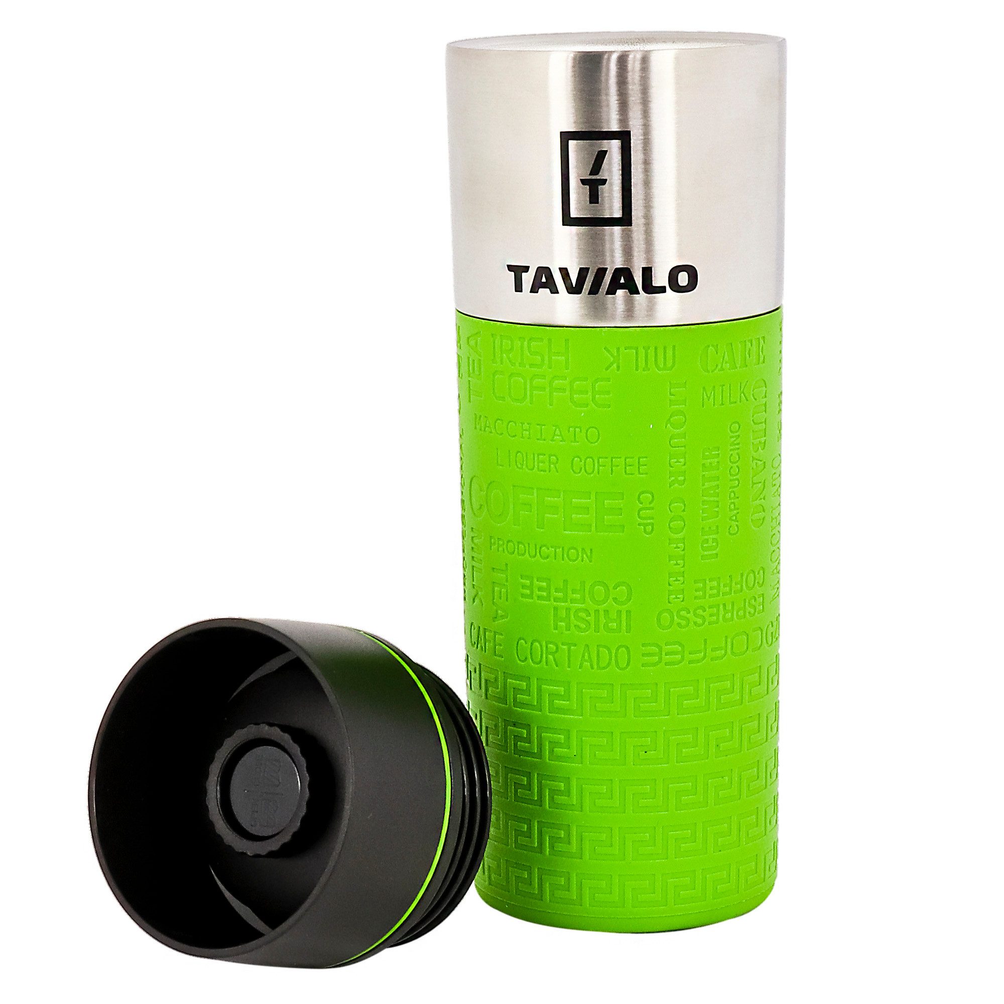 TAVIALO Isolierflasche Thermobecher - Isolierbecher 420ml, INOX Edelstahl (grün), + 2 zusätzliche Silikondichtungen