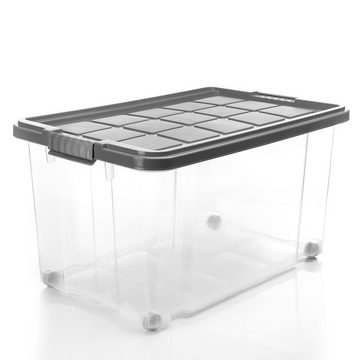 BigDean Aufbewahrungsbox 4x 60 L Aufbewahrungsbox mit Deckel + Rollen stahlgrau Stapelbox