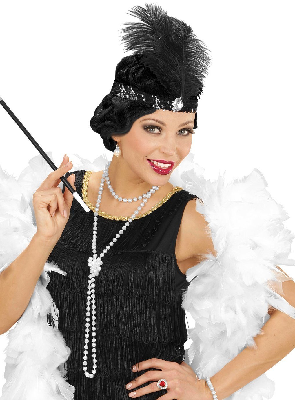 Widdmann Kostüm Charleston Kostüm Accessoire-Set - für Fasching, Haarband, Halskette und Zigarettenhalter für 20er Jahre Flapper