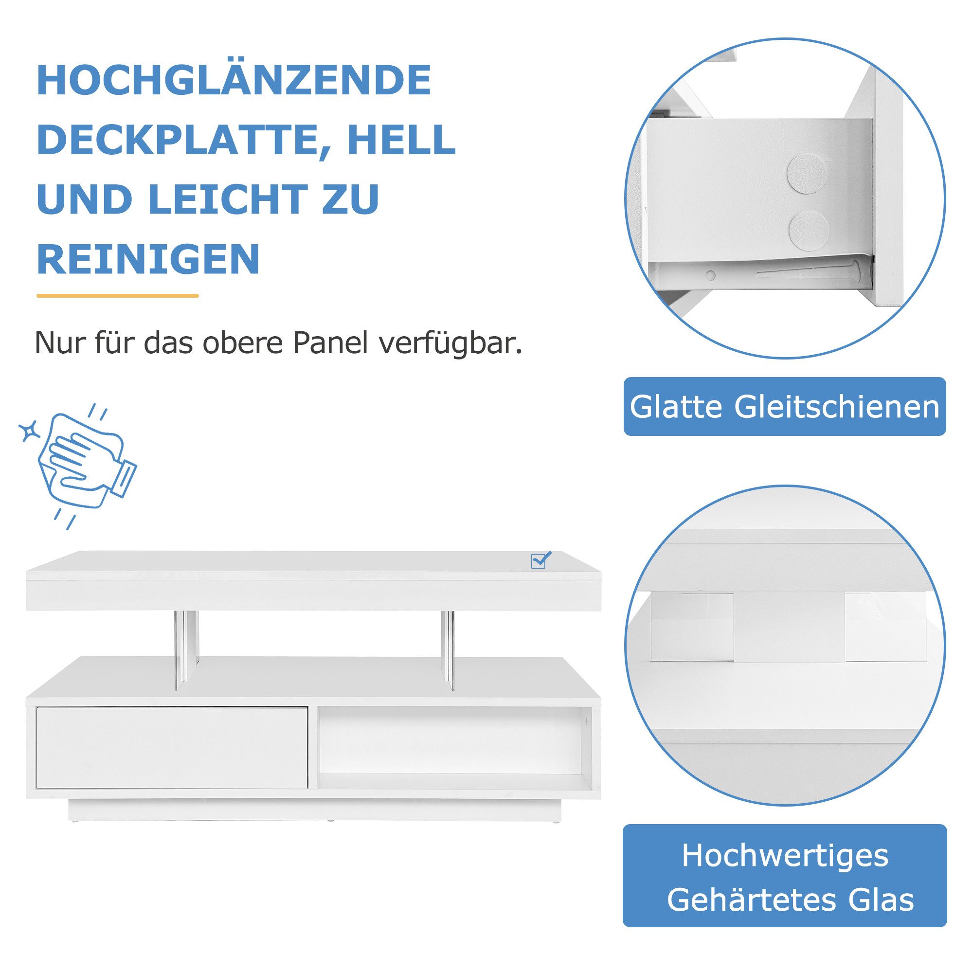 Merax Couchtisch mit 2 Schubladen und Stauraum, Beistelltisch Hochglanz mit LED inkl. APP, Wohnzimmertisch – Bild 3 von 5