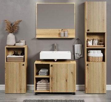 Furn.Design Badmöbel-Set Bliss, (Badezimmer in Evoke Eiche und schwarz, 4-St., Breite 170 - 190 cm), mit viel Stauraum, Staboptik