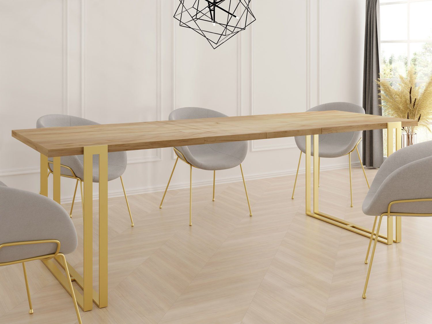 Tisch WFL Metallbeinen Craft mit GROUP Glamour Loft-Stil Ausziehbar Eiche Marco Esstisch im Gold,